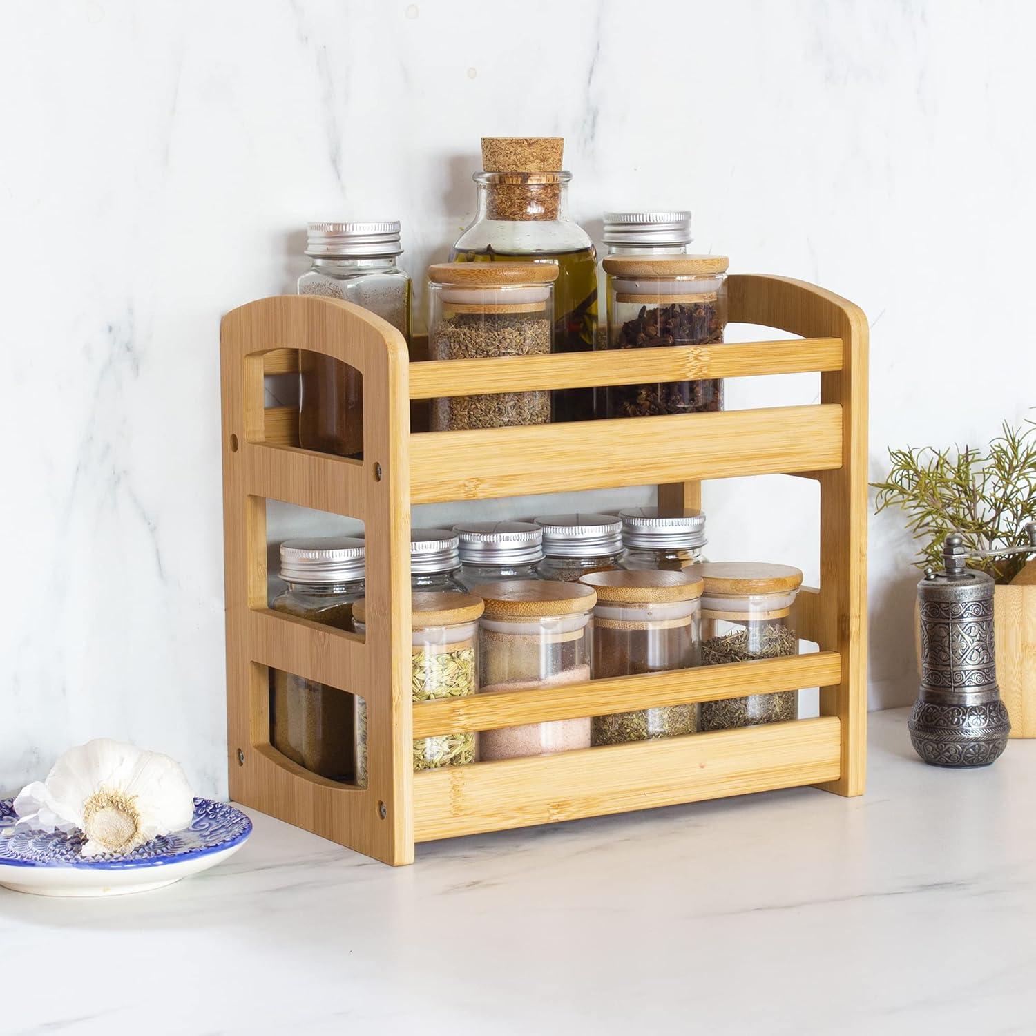 Gracie Oaks Bamboo 2 Shelf Spice Caddy, Organizer Rack For Kitchen Countertop Or Cupboard