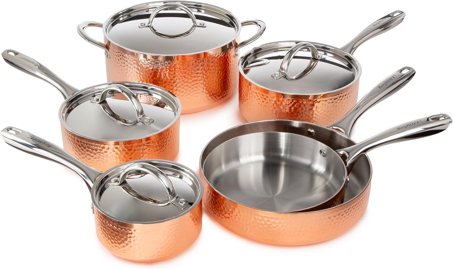 BergHOFF Vintage Tri-Ply Copper Stainless Steel Cookware Set With Stainless Steel Lids, Gold