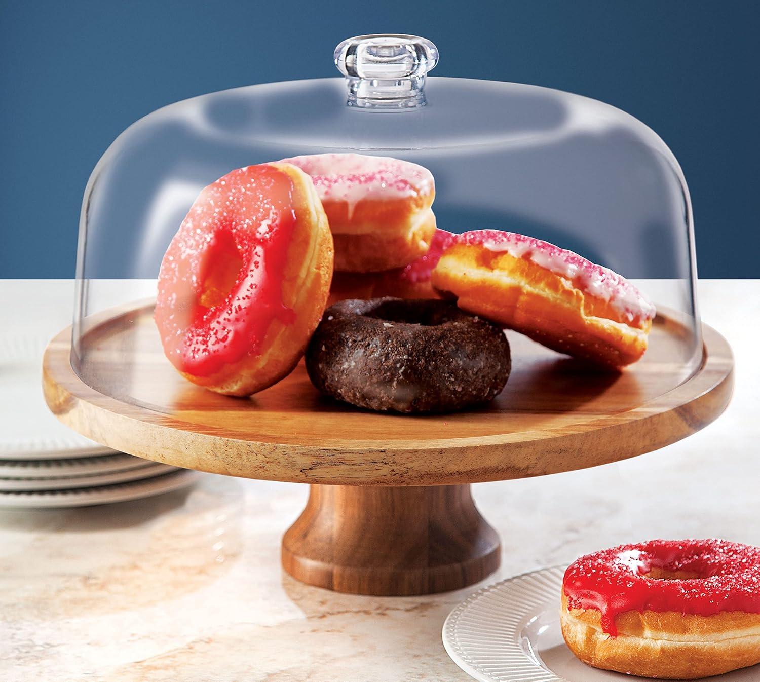 Acacia Wood Pedestal Cake Stand with Clear Dome