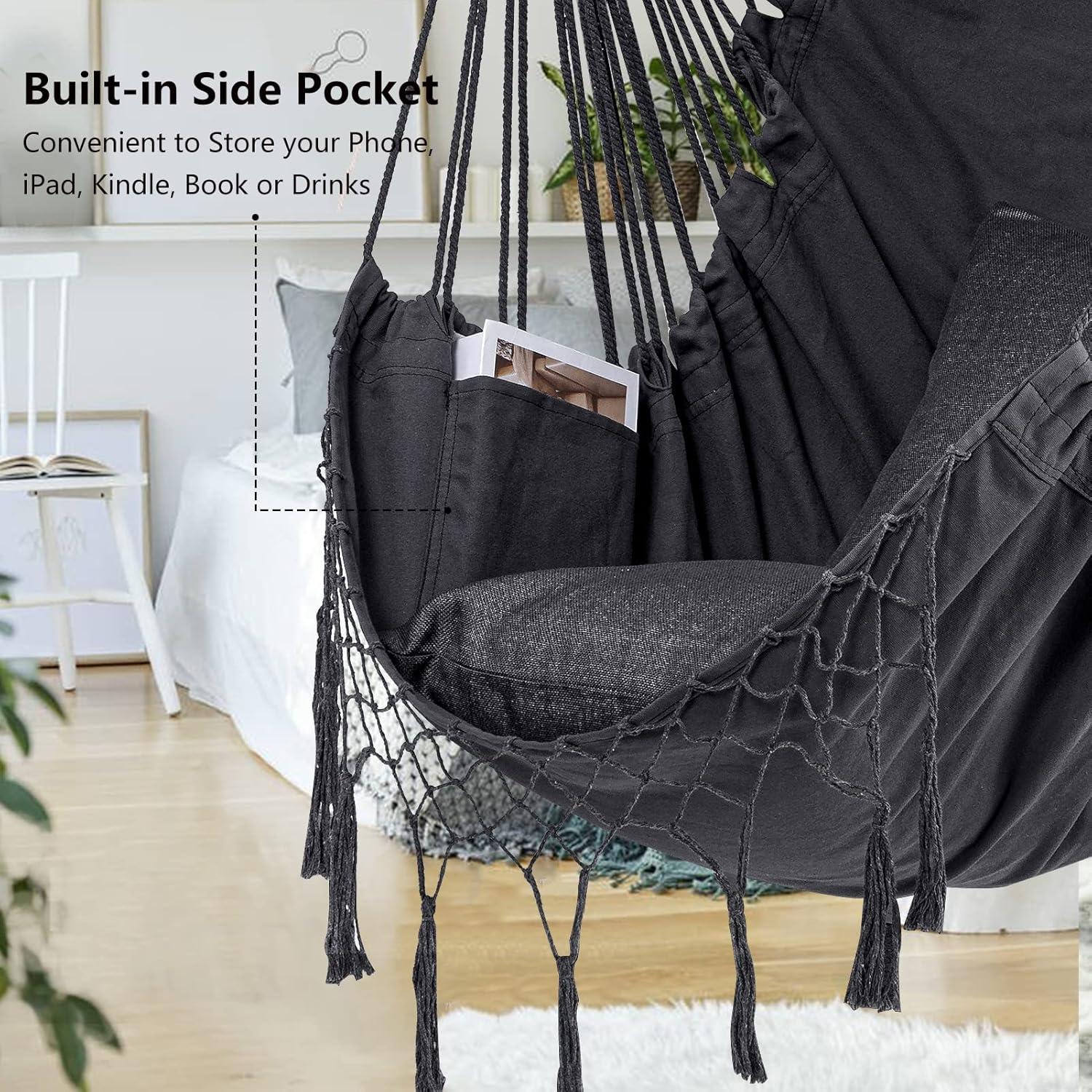 Jelofly Hammock Chair Large Hanging Rope Swing Seat Chair with Pocket Max 350 Lbs Superior Comfortable for Indoor Outdoor Home Bedroom Garden, Seat Cushions Not Included (Dark Grey)