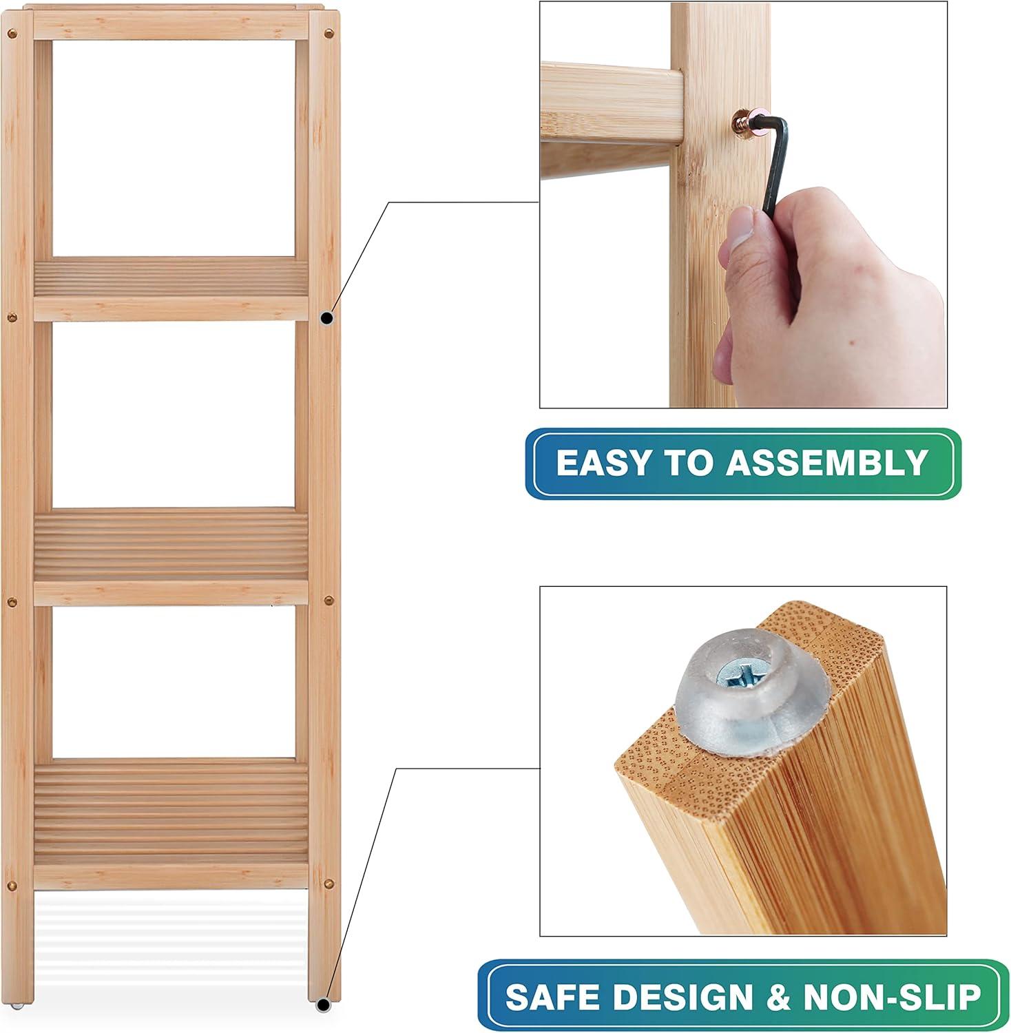 4-Tier Bamboo Bathroom Shelf, Narrow Shelving Unit, Multifunctional Storage Rack, Corner Rack, for Kitchen, Living Room, Bedroom, Entryway, Bathroom, Natural UBCB54Y