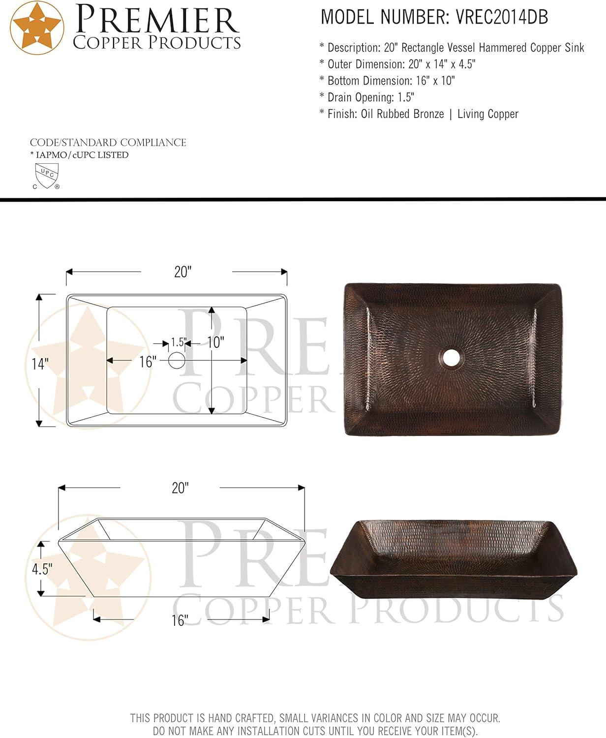 20" Rectangular Vessel Hand Hammered Copper Sink