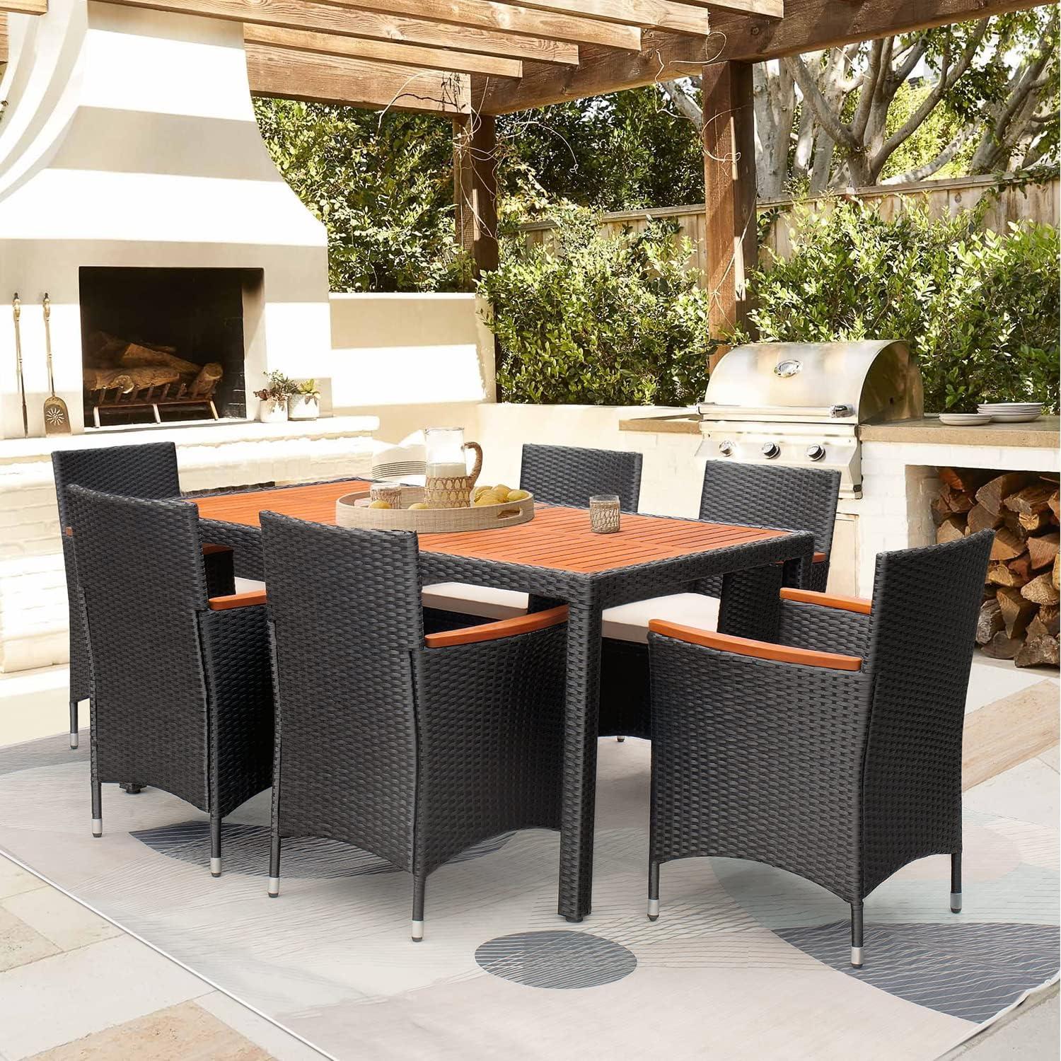Zimtown 7 Piece Patio Dining Set, Outdoor Patio Conversation Set with Acacia Wood Table Top and Rattan Chairs and Soft Seat Cushions for Deck Backyard Garden, Black