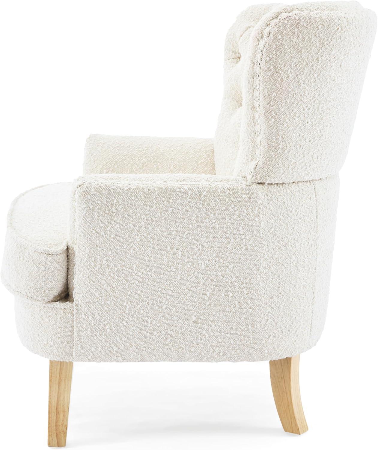 Handcrafted White Boucle Barrel Accent Chair with Oak Legs