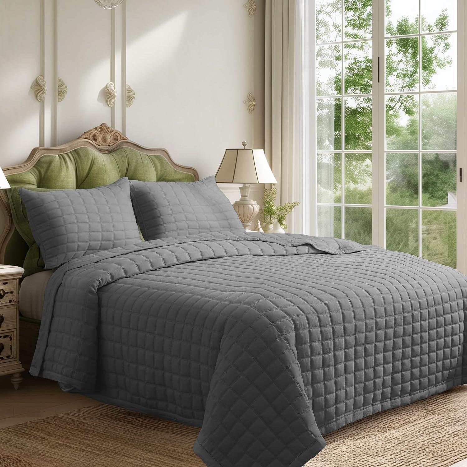 Dark Grey Reversible Microfiber Queen Quilt Set