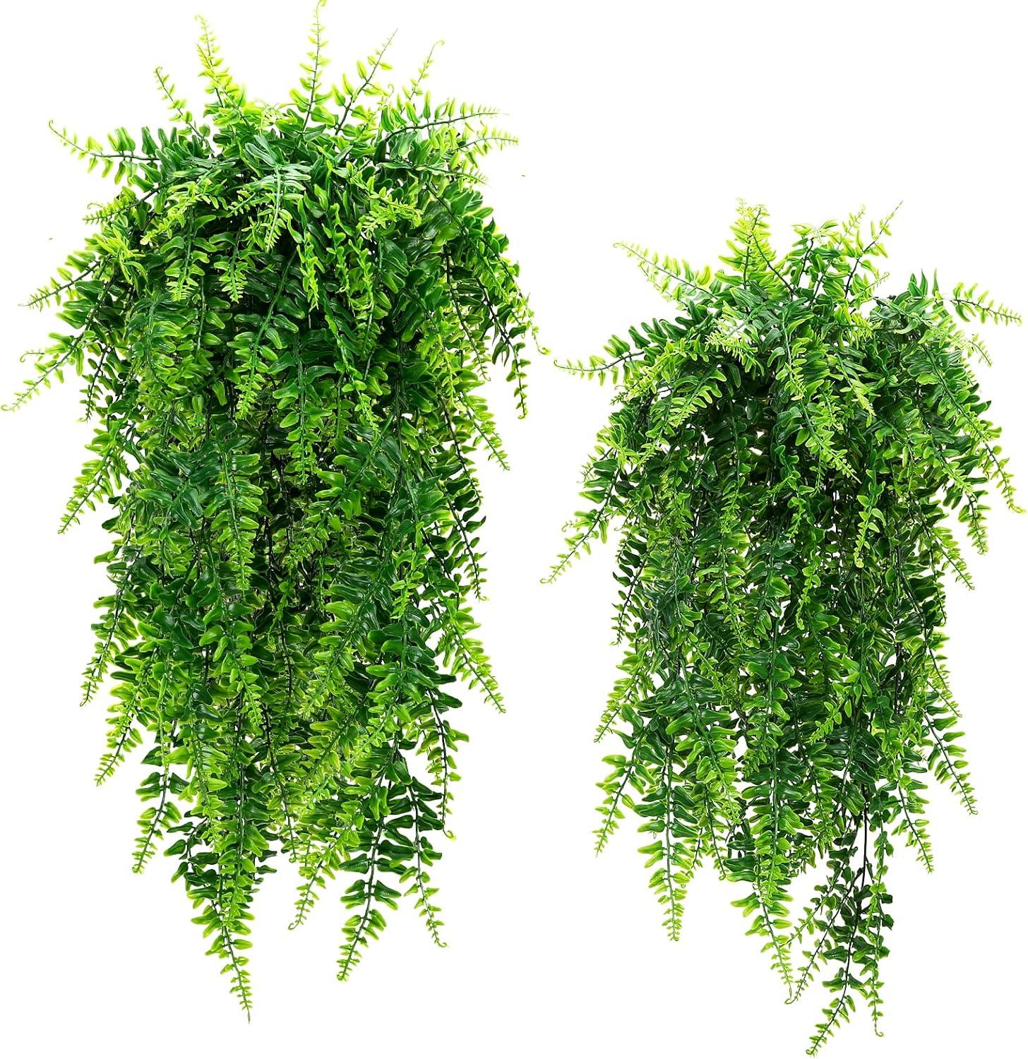 UV Resistant Green Plastic Hanging Ferns for Indoor and Outdoor Decor, 2 Pcs