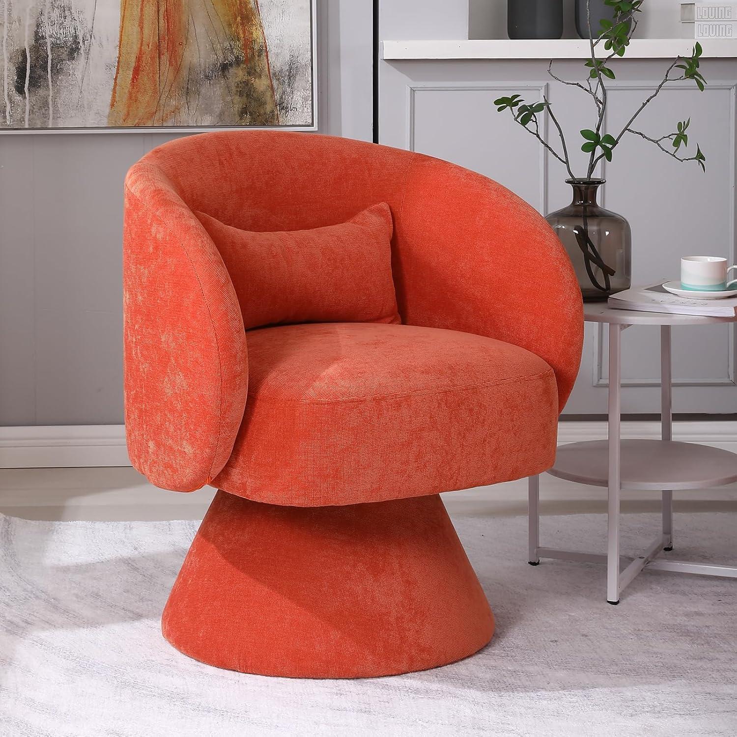 IDEASY Swivel Round Barrel Chair, 360-Degree Accent Armchair for Living Room, Bedroom, 26.4" x 24.2" x 30.7", Linen, Orange