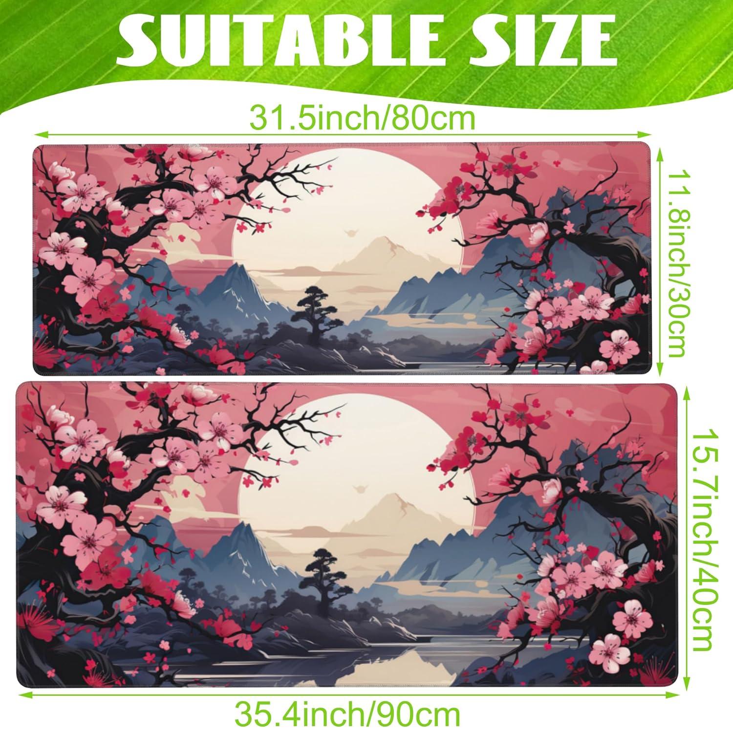 Pink Cherry Blossom Tree Desk Pad, Mountains and Sun Large Gaming Mouse Mat, Extended Big Computer Keyboard Pad With Non-Slip Base and Stitched Edge, 31.5"x11.8"