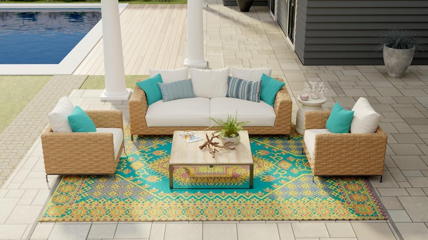 Oriental Turkish Aqua Indoor/Outdoor Area Rug - Reversible, UV Resistant