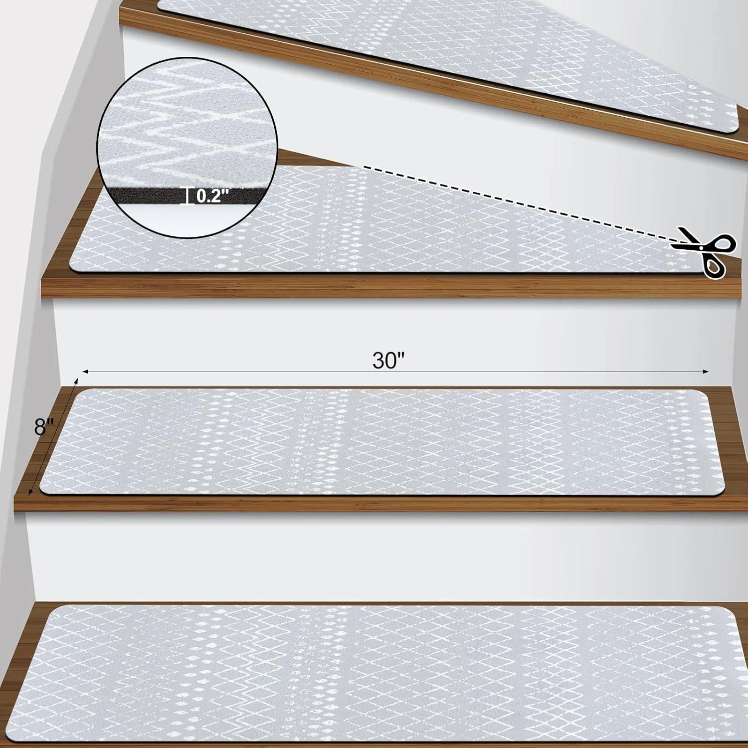 Bungalow Rose Stair Treads Non Slip For Wooden Steps, 15PCS 8"X30" Grey Rubber Backing Stair Runner Mats, Washable Reusable Carpet For Stairs Rugs Indoor Safety Staircase Step Treads For Kids Elders Dogs