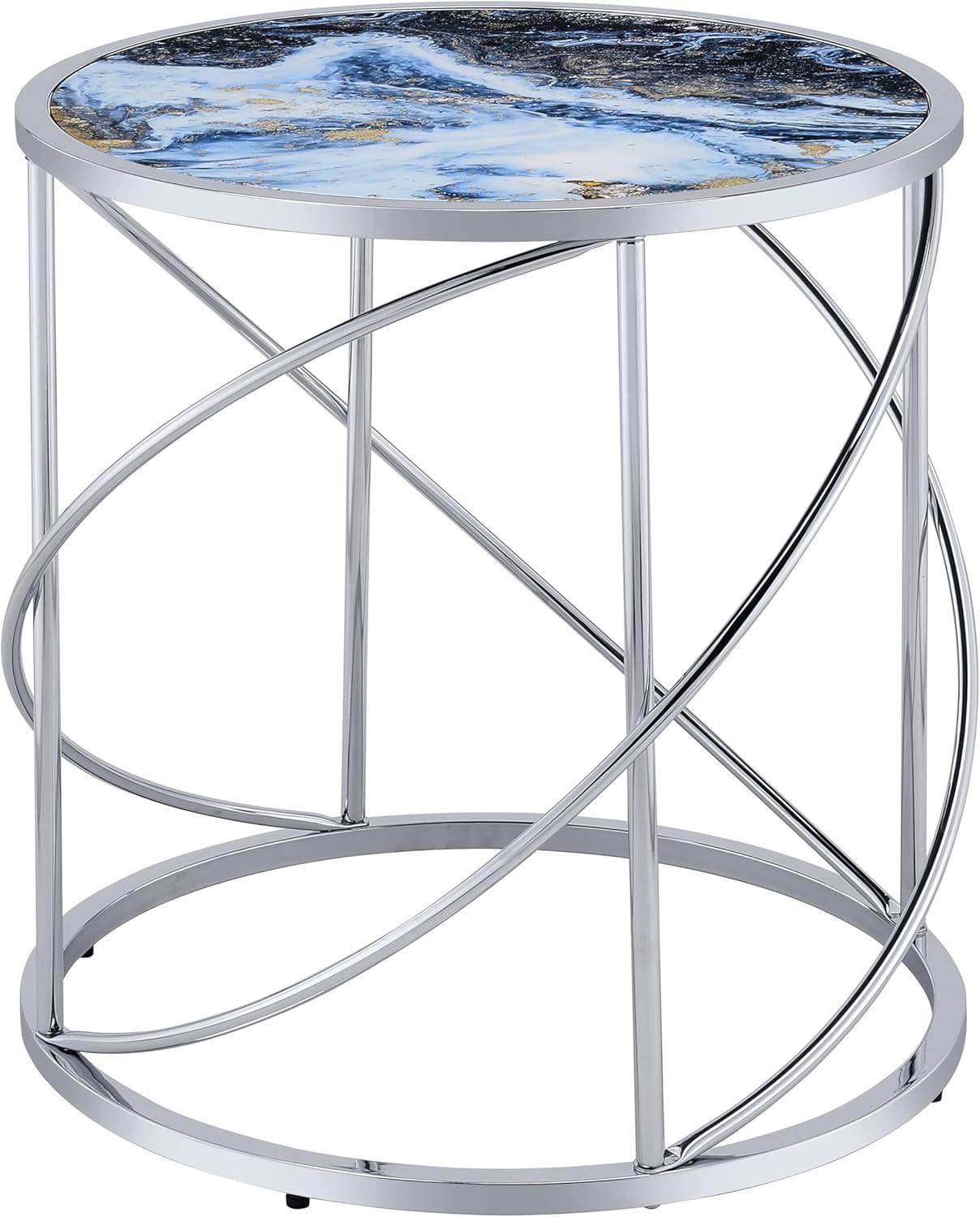 Lyda Round Blue Marble Print and Chrome End Table