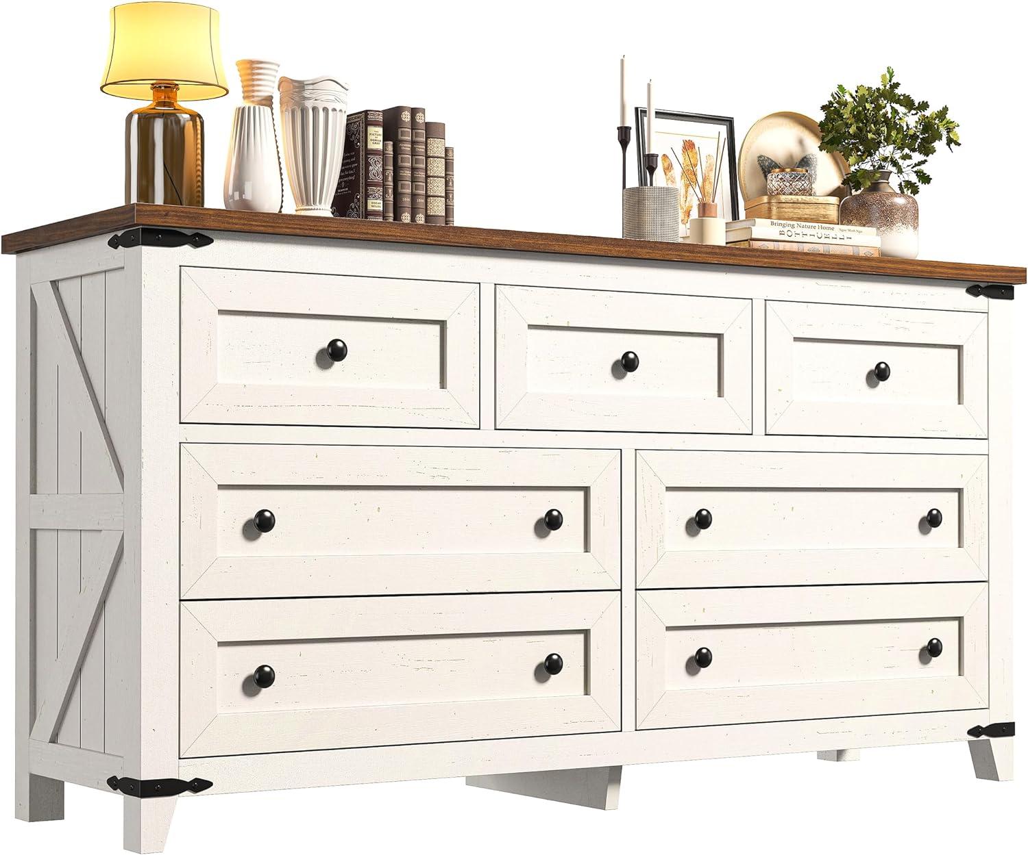 Wood Dresser For Bedroom With 7 Drawers, Farmhouse Chest Of Drawers