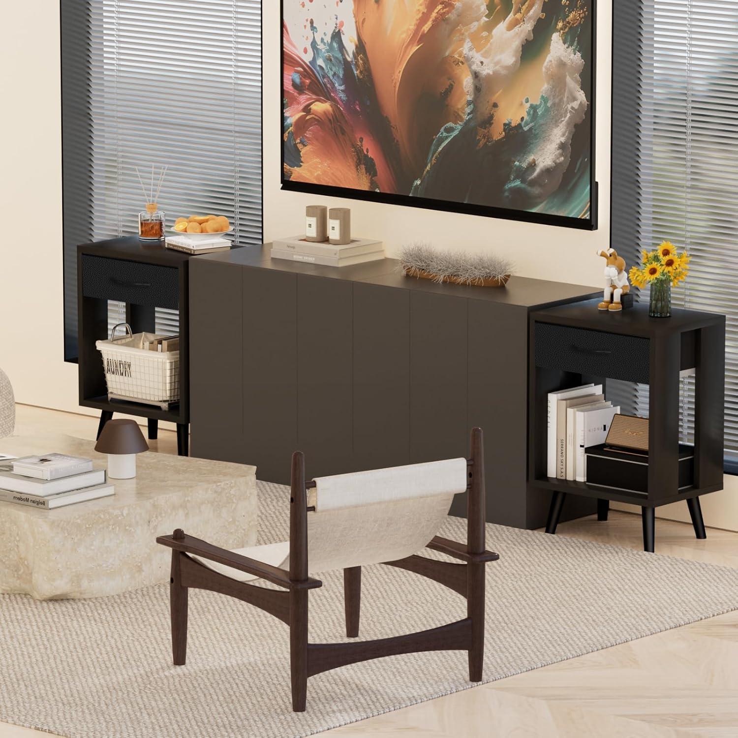 Nightstands Set Of 2 With Fabric Storage Drawer And Open Wood Shelf, Side Table With Storage For Bedroom, Bedside Tables - 23.7" H