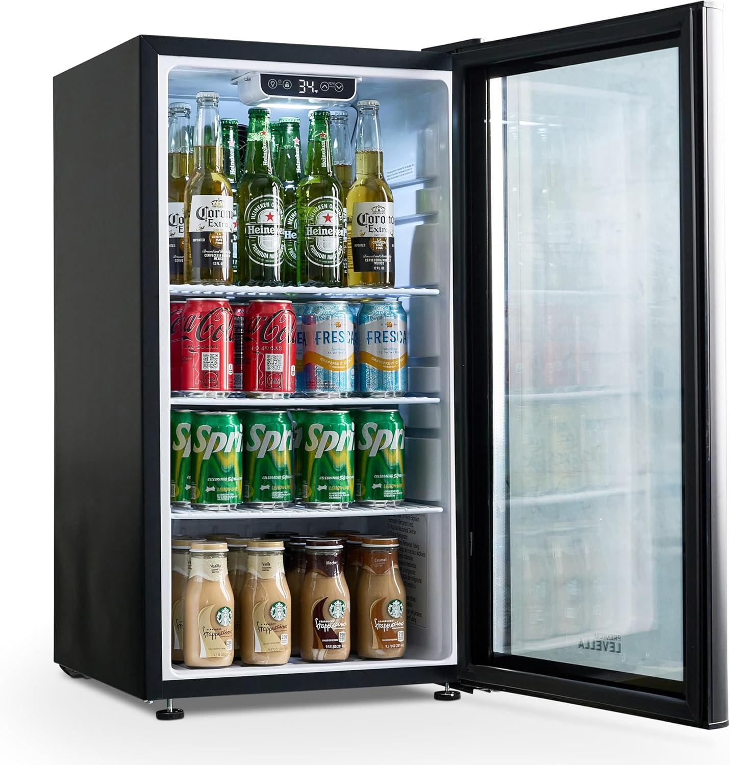 Premium Levella PRF37DX Glass Door Display Refrigerator 3.1 cu ft Commercial Beverage Cooler Merchandiser - Black