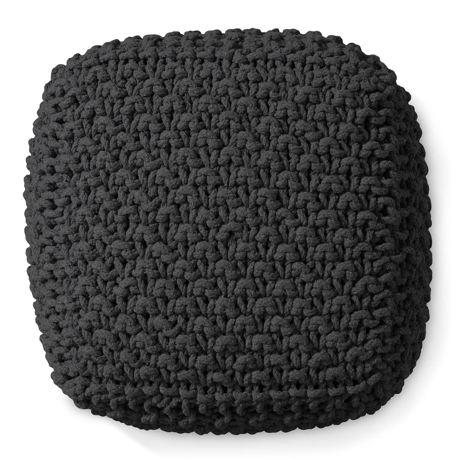 Casafield Casafield Square Pouf Ottoman, Cotton Knit Upholstered Footrest - Black