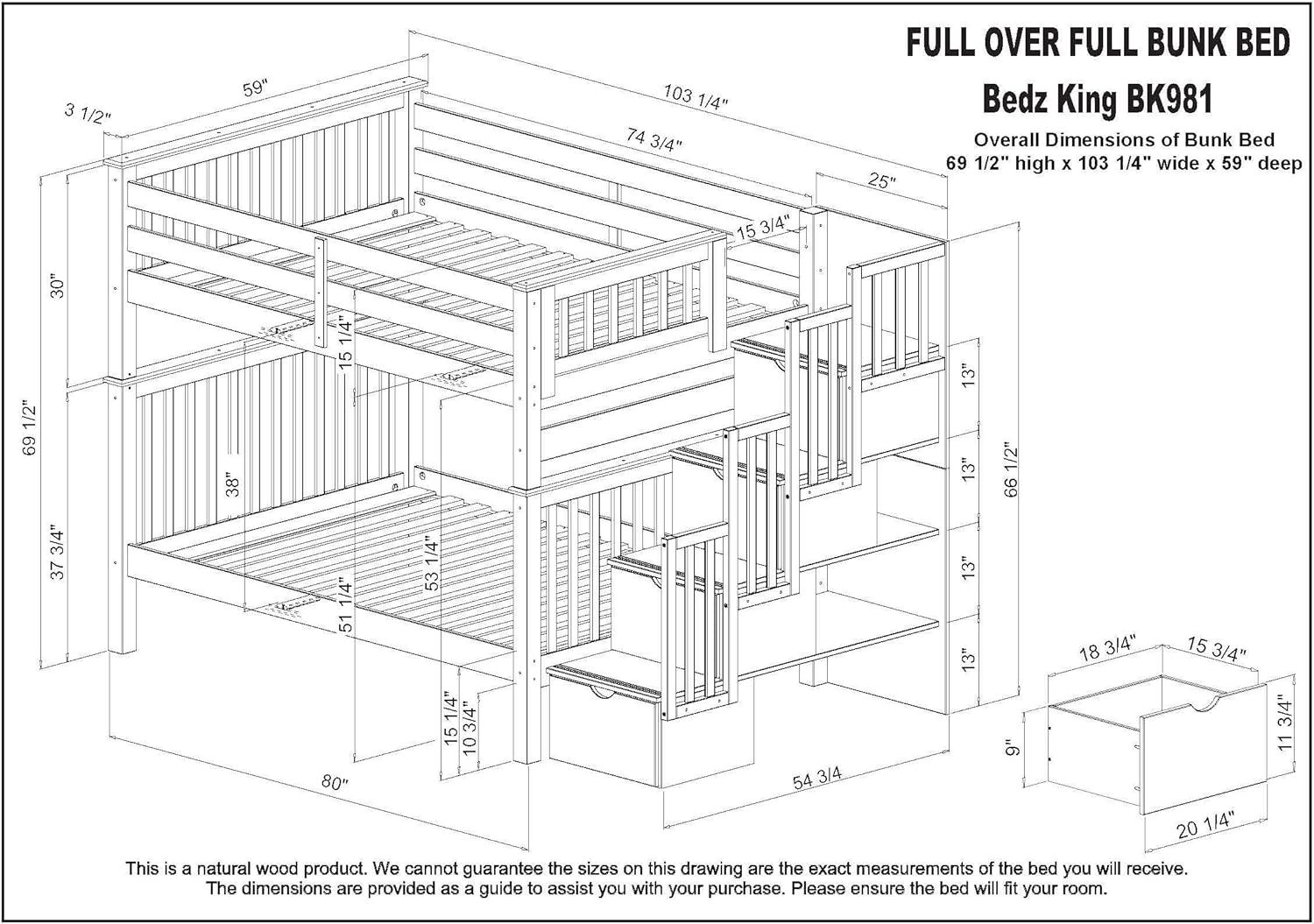 Bedz King Stairway Bunk Beds Full over Full with 4 Drawers in the Steps and a Full Trundle, Gray
