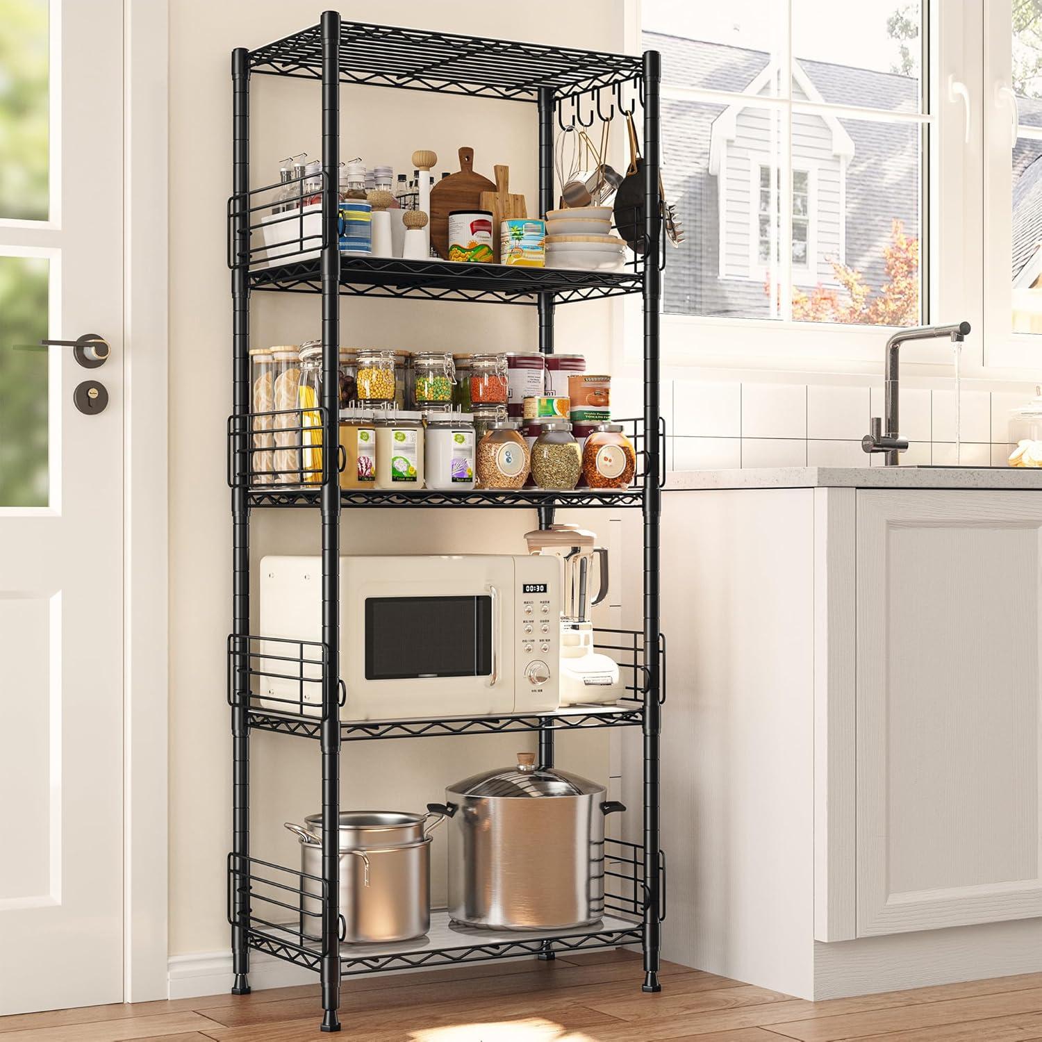 LINSY HOME Pantry Storage Shelves, 5-Tier Adjustable Heavy Duty Metal Storage Shelf, 59" Tall Standing Shelf, Upgrade Steel Wire Rack Organizer for Kitchen, Bathroom, Garage, Living Room, Black