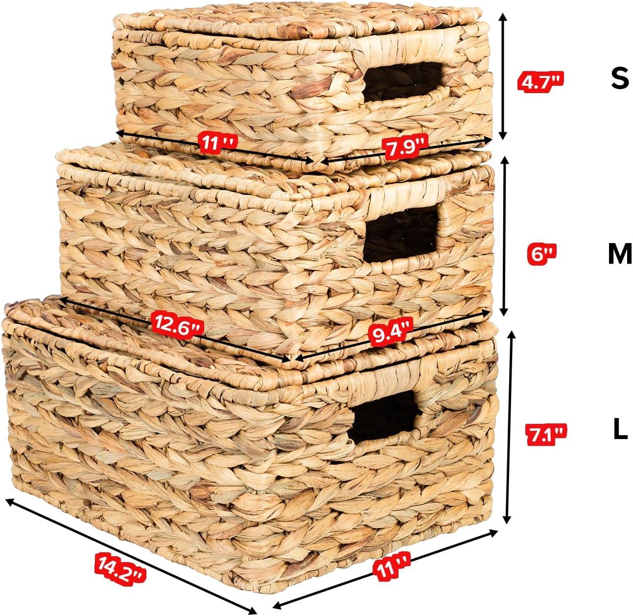 Gracie Oaks Wicker Storage Basket With Lid, Natural Decorative Wicker Basket For Shelf, Woven Baskets With Lids, 14In Lidded Basket, Rattan Storage Basket With Lid, Rattan Box Set Of 3 For Organizing