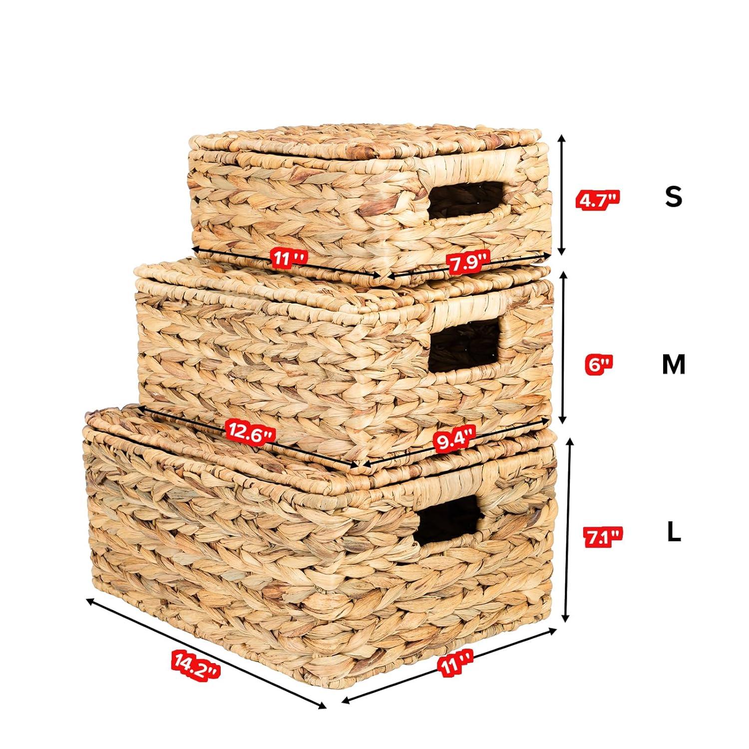 Gracie Oaks Wicker Storage Basket With Lid, Natural Decorative Wicker Basket For Shelf, Woven Baskets With Lids, 14In Lidded Basket, Rattan Storage Basket With Lid, Rattan Box Set Of 3 For Organizing