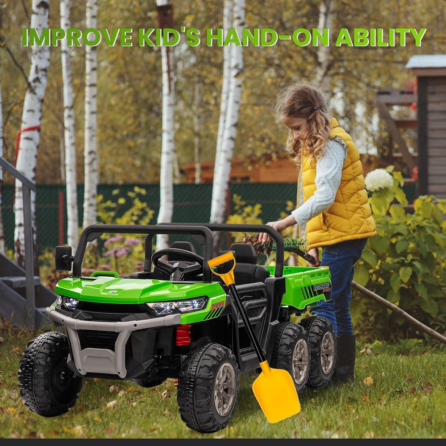 24V Ride on UTV Car, 2 Seater Kids Electric Powered Ride on Toys Dump Truck with Trailer Remote Control, Green