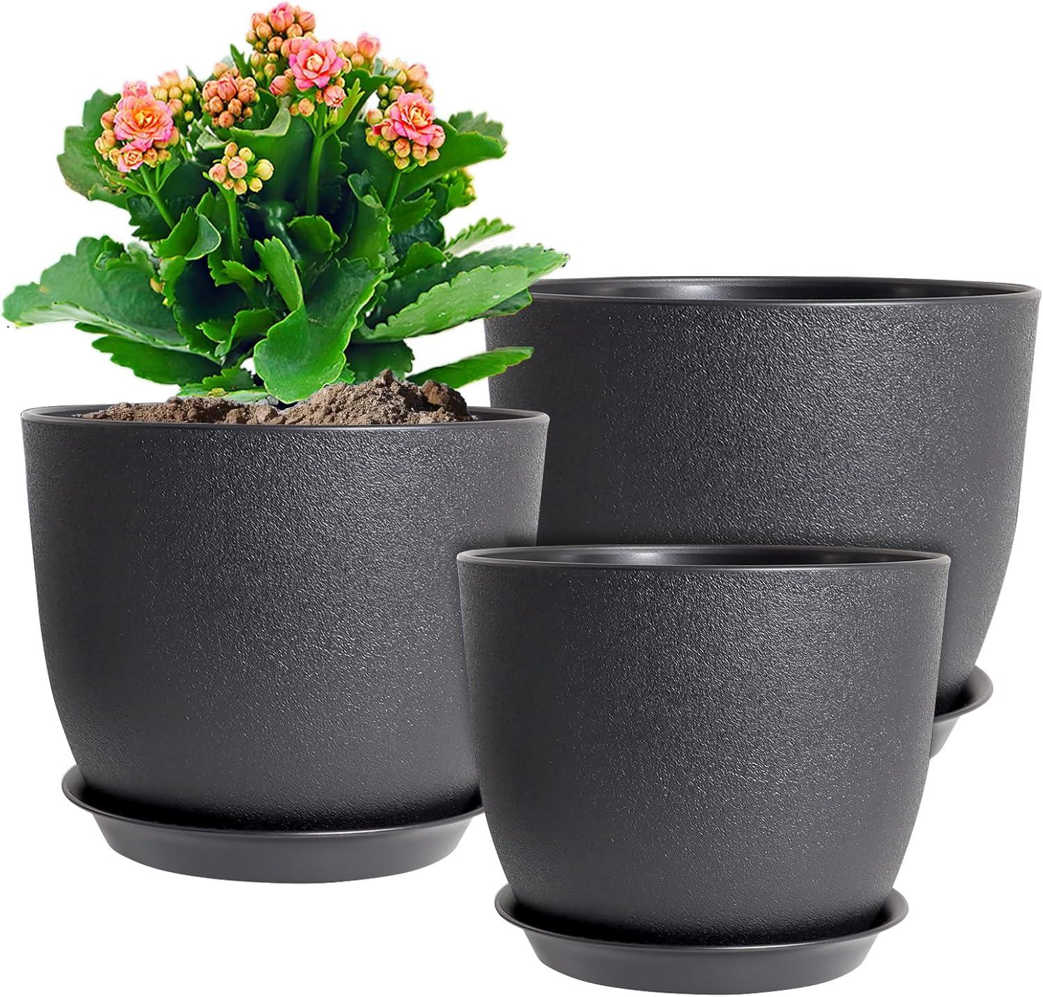 Black Plastic Round Planter Set with Drainage Holes, 10/9/8 inch