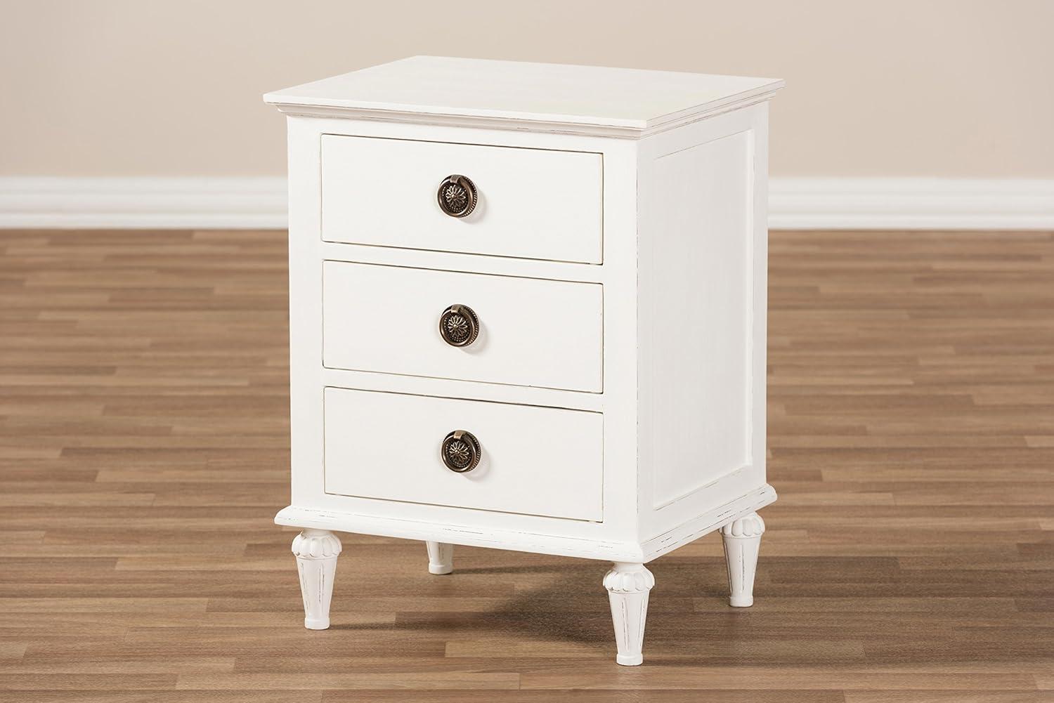 Whitewashed Mindi Wood 3-Drawer Nightstand with Bronze Hardware