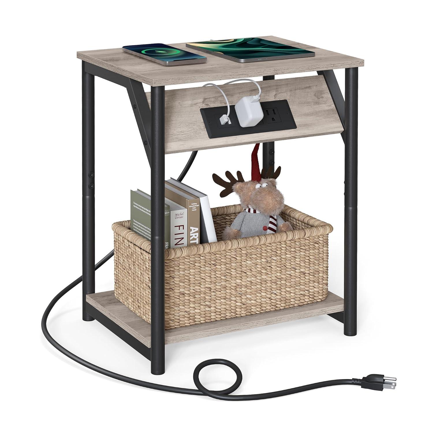 VASAGLE End Table with Charging Station, Small Side Table for Living Room, Bedroom, Nightstand with Outlets and USB Ports, Bedside Table with Storage Shelf, Heather Greige and Black