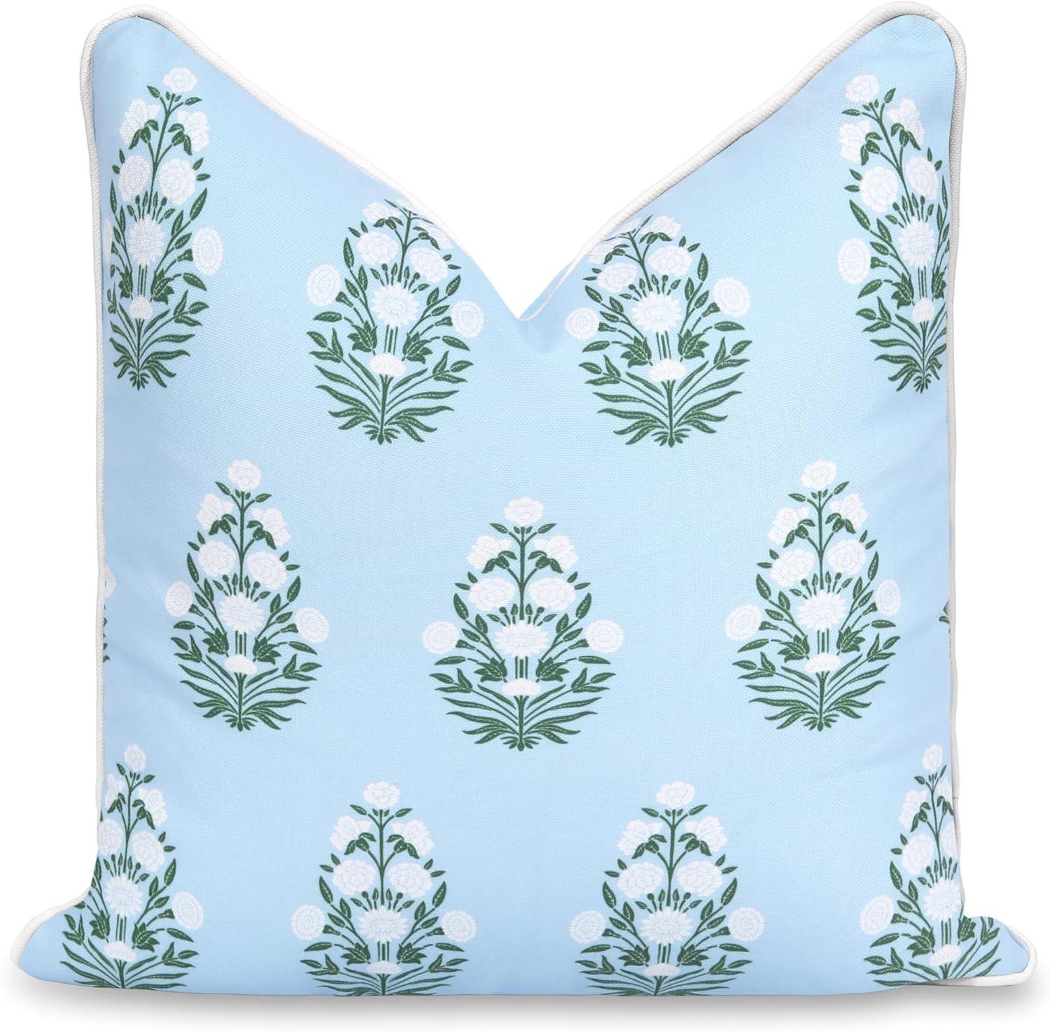 Hofdeco Premium Coastal Patio Indoor Outdoor Throw Pillow Cover Only, 18"x18" Water Repellent for Backyard, Couch, Baby Blue White Green Floral with Piping