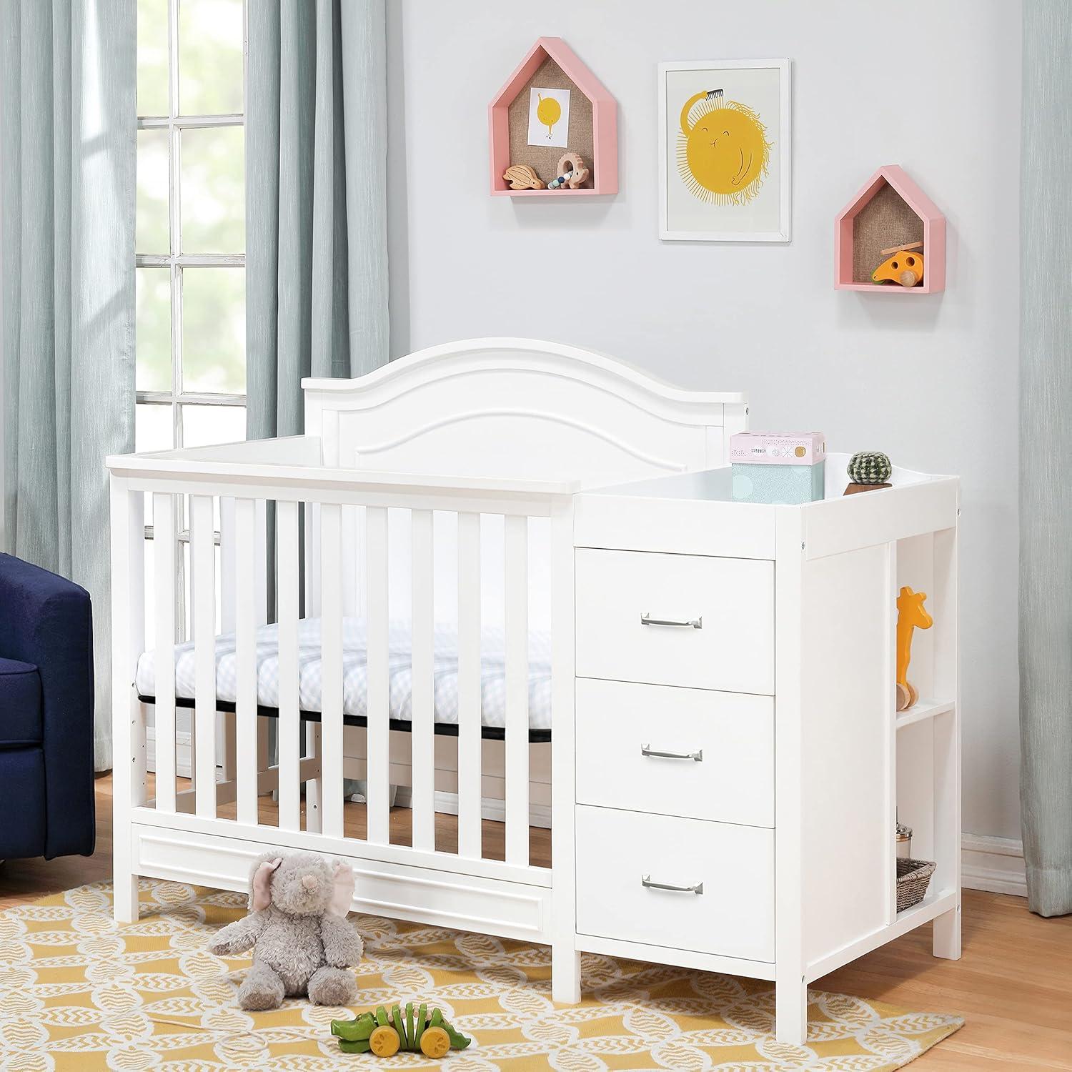 White 4-in-1 Convertible Mini Crib with Changer