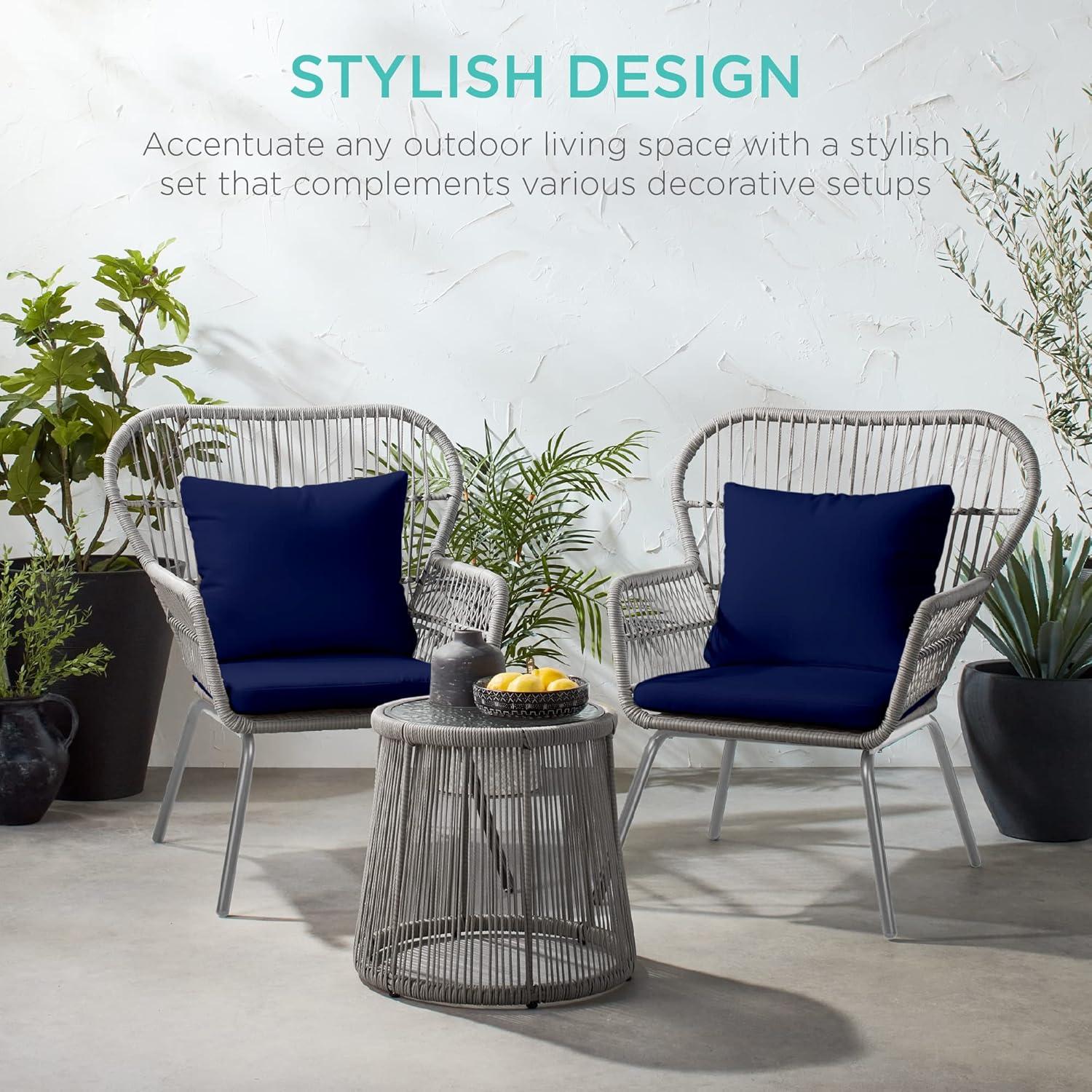Best Choice Products 3-Piece Patio Conversation Bistro Set, Outdoor Wicker w/ 2 Chairs, Cushions, Side Table - Gray/Navy