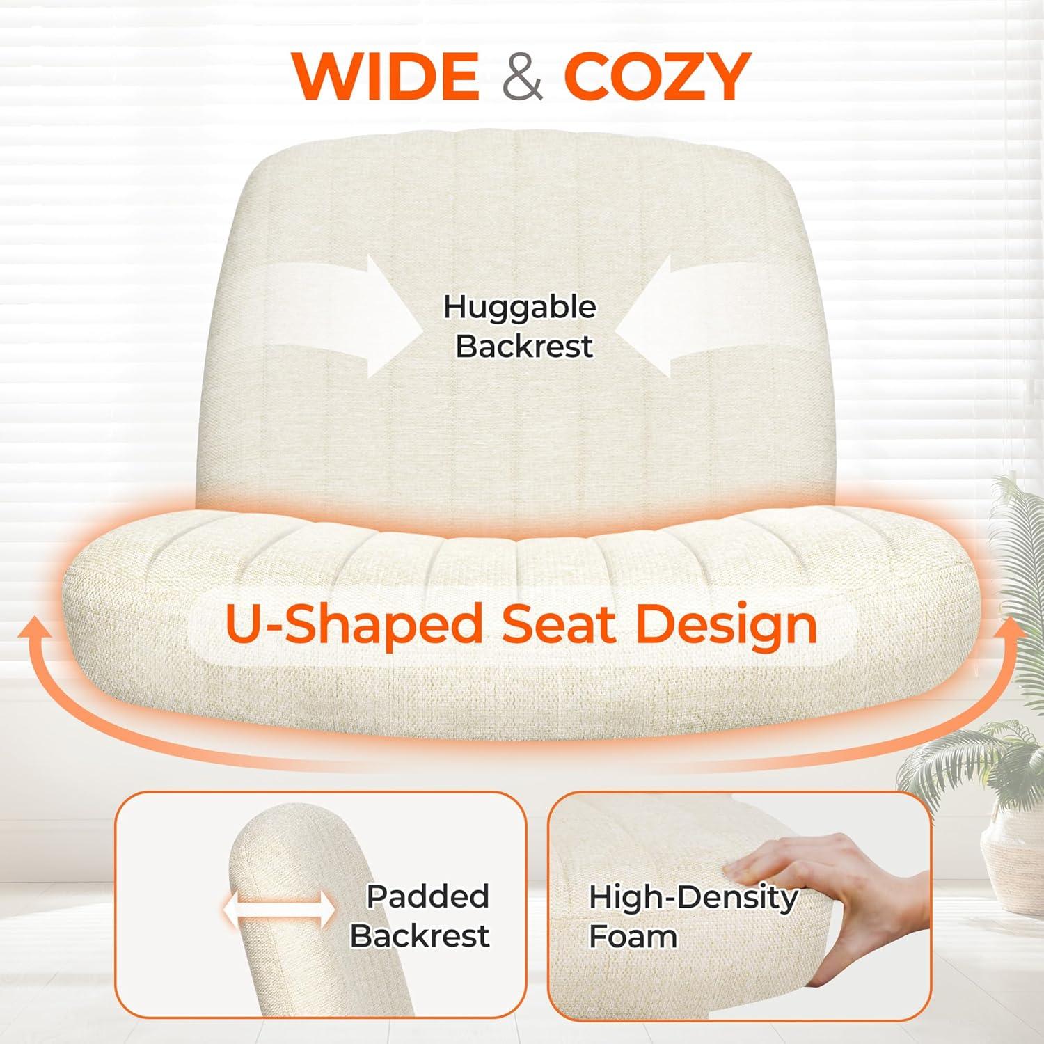 ORANGE FACTORY Criss Cross Legged Home Desk Chair Wide Armless with Wheels Swivel Padded Fabric Chair, Beige