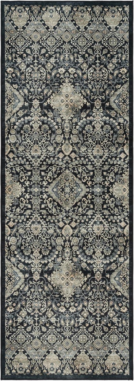 Gertmenian Crystal Print Tanis Anthracite Black Cream Moroccan Bohemian Polyester Washable Flat Pile Indoor Area Rug