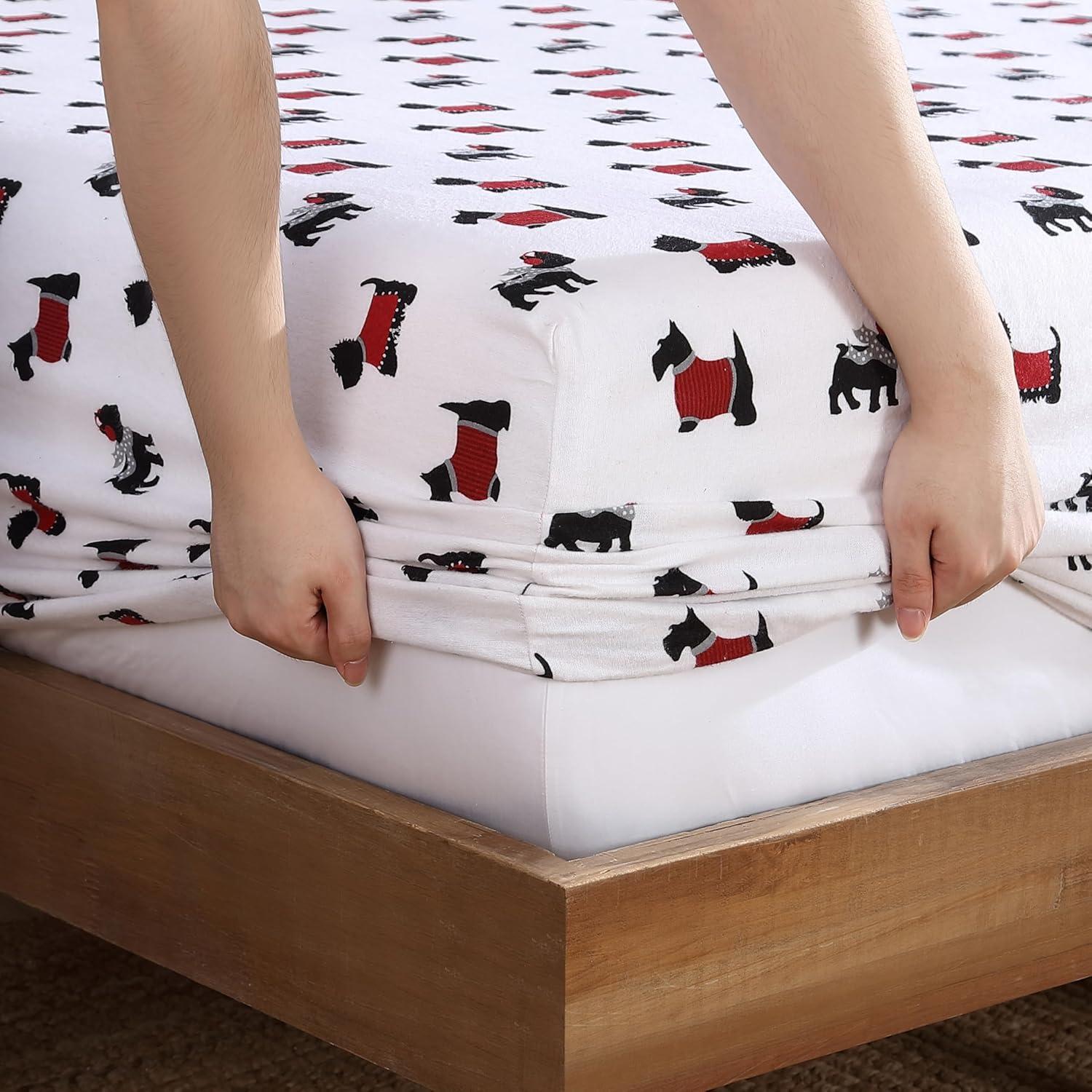 Beatrice Home Fashions 3-Piece Winter Holiday Flannel Sheet Set, Soft, Cozy, 100% Cotton, 15-inch Deep Pockets, Twin, Warm Doggies Red