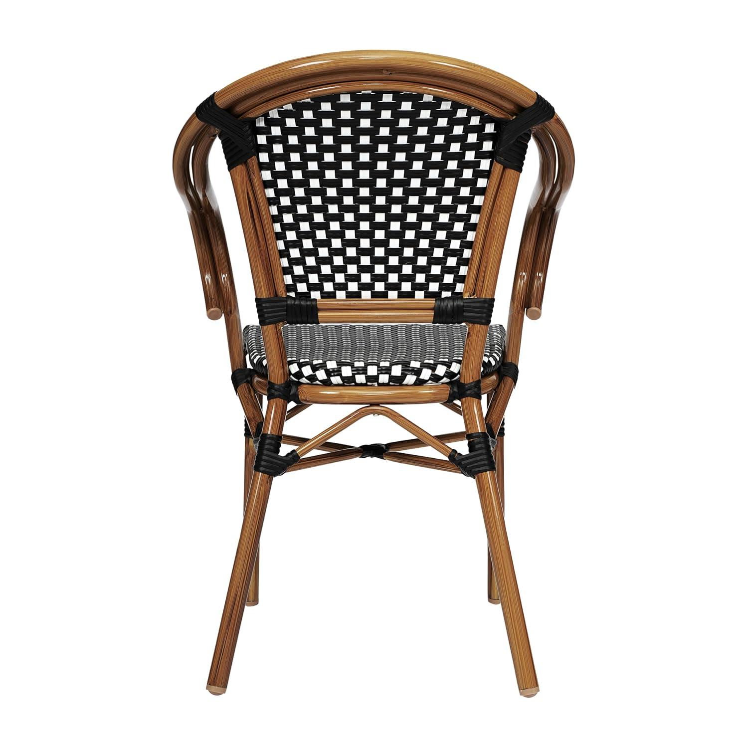 Emma & Oliver Soie Indoor/Outdoor Stacking Thonet Bistro Style Chair with Arms, Black & White PE Rattan Seat and Natural Bamboo Finished Metal Frame