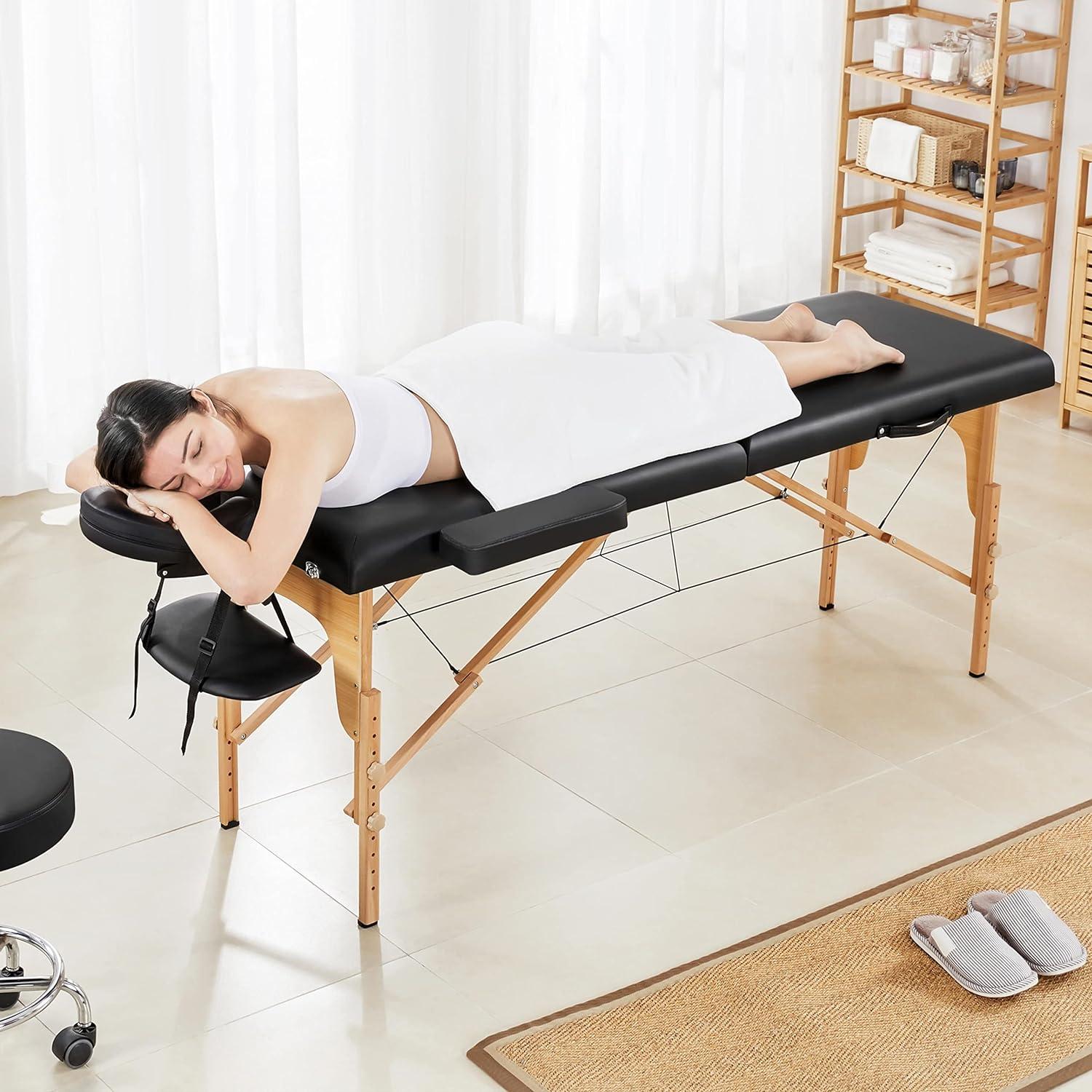 Adjustable Black Faux Leather Portable Massage Table with Beech Wood Legs