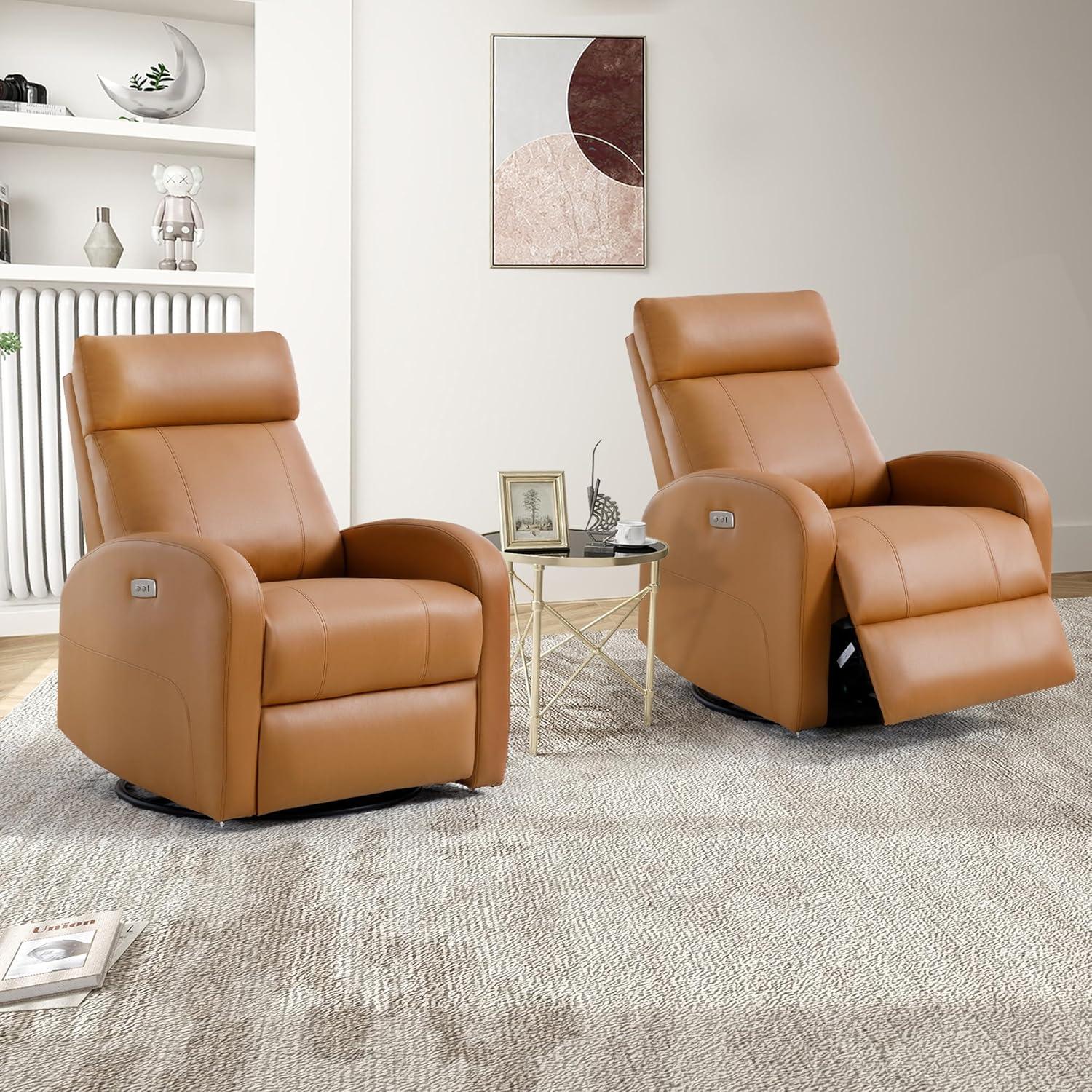 Swivel Rocker Recliner Chair, Manual Leather Recliner, Glider Rocking Recliner Chair 360°Swivel Nursery Reclining Chair with Adjustable Headrest/Highback for Living Room, Brown
