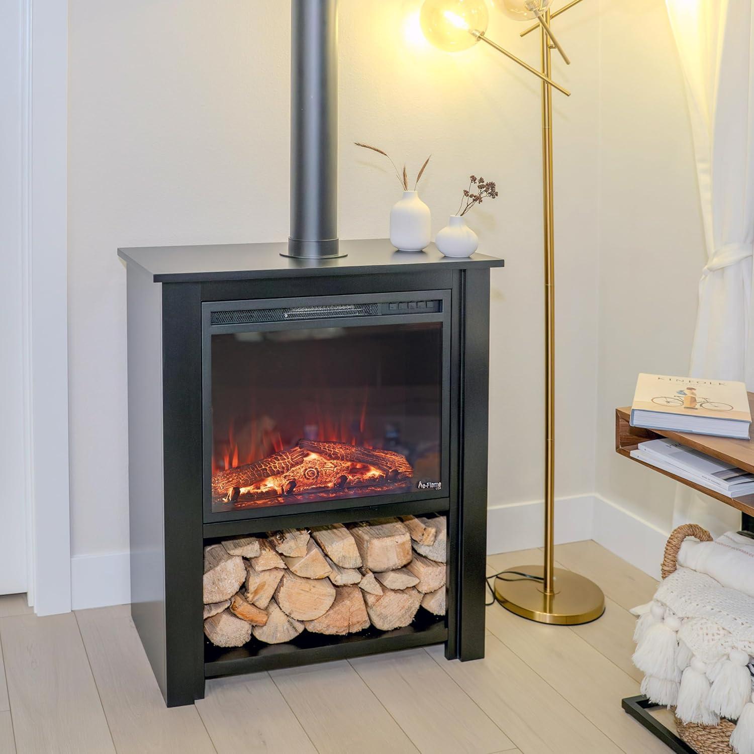 Innsbruck Electric LED Fireplace Stove - Décor Chimney Flue and Wood - 32" Wide x 38" Tall – Soot Black Finish - New 2024