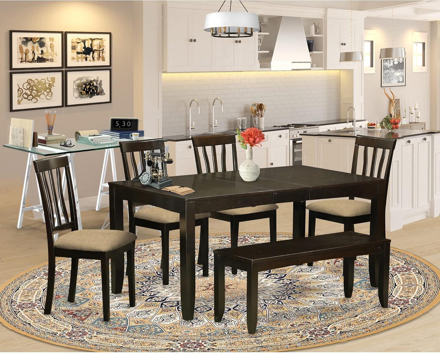 Cappuccino 6-Piece Dining Set with Bench and Linen Chairs