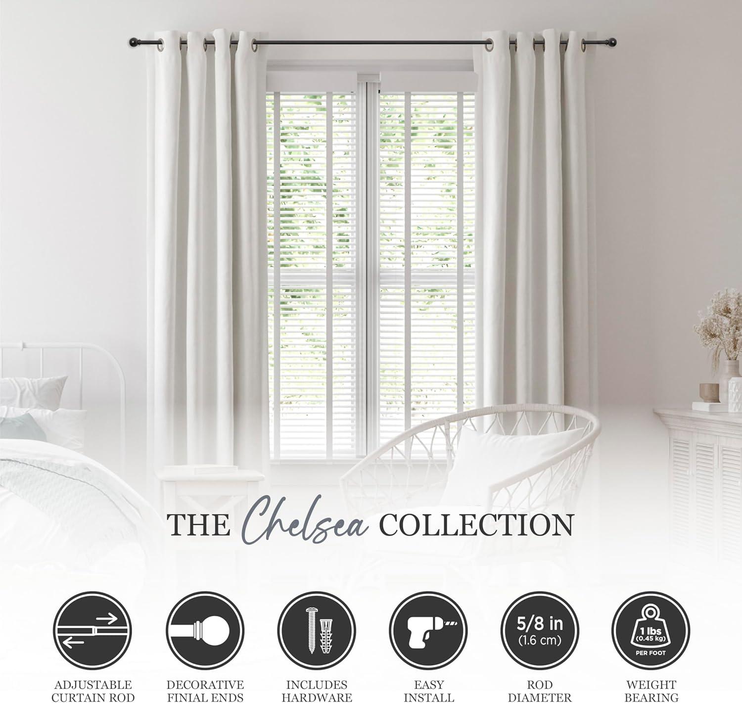 Kenney Chelsea 5/8" Matte Black Single Curtain Rod, 28-48", Black