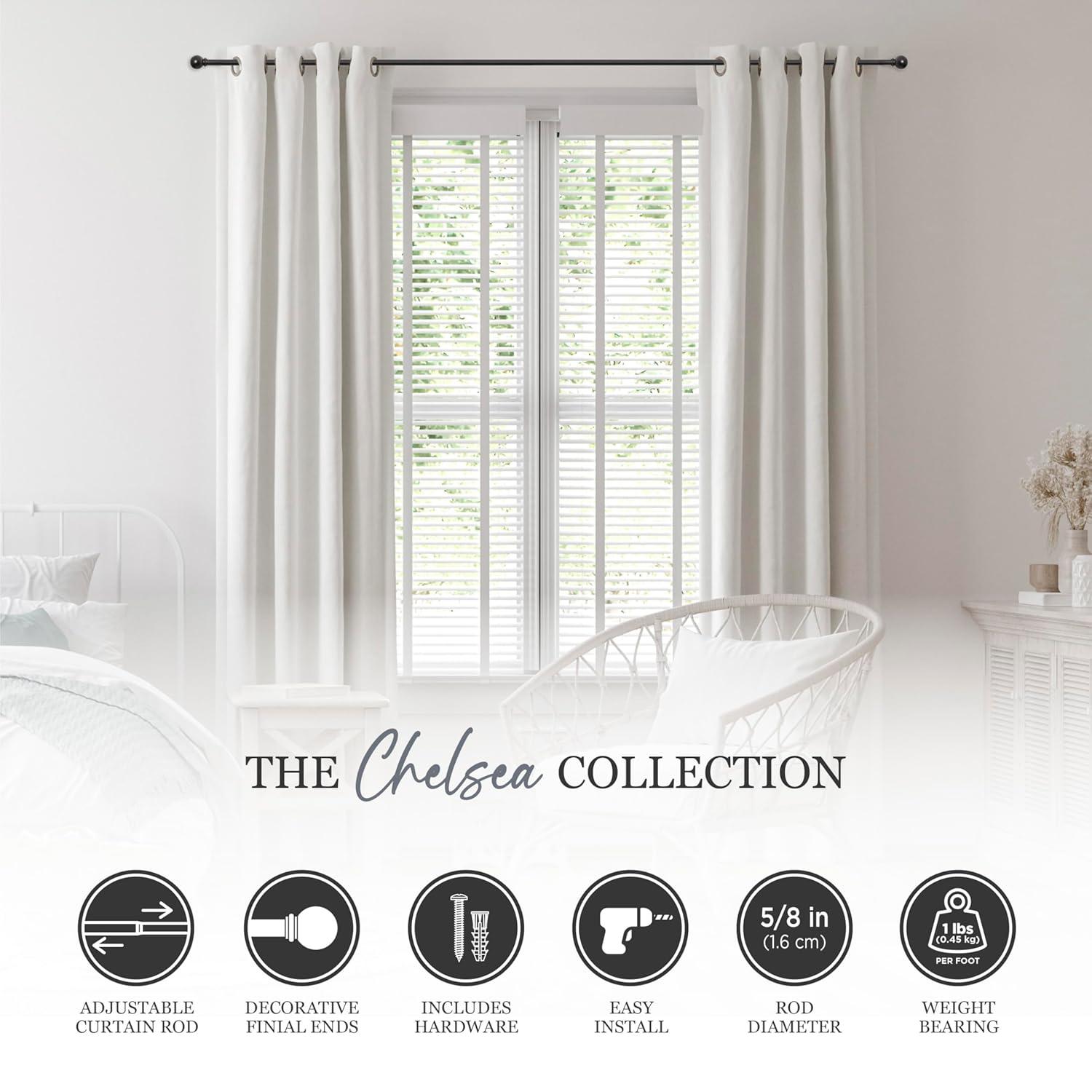 Kenney Chelsea 5/8" Matte Black Single Curtain Rod, 28-48", Black