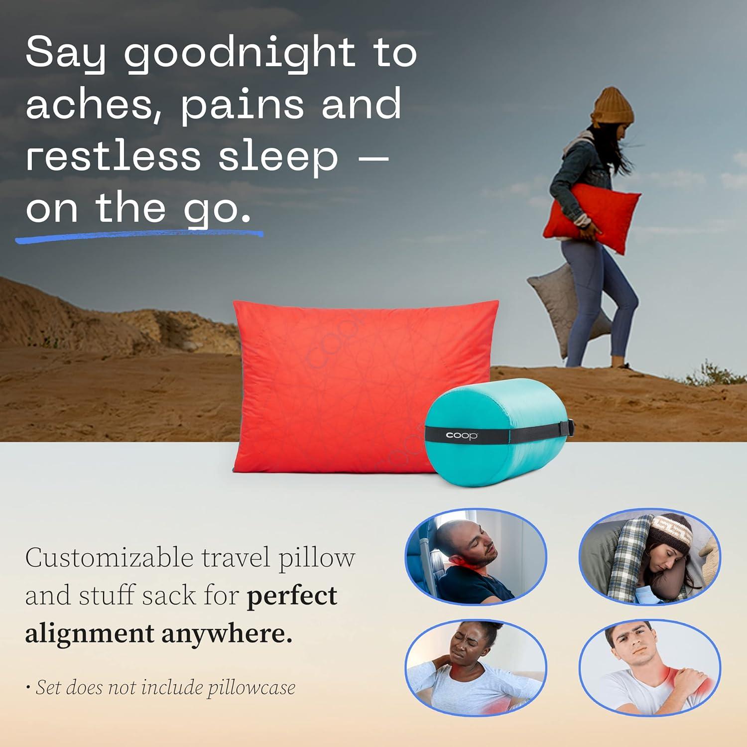 Coop Home Goods Adjustable Travel Pillow - 1 Camping Pillow and 1 Grey Pillowcase Bundle w/ Compressible Stuff Sack