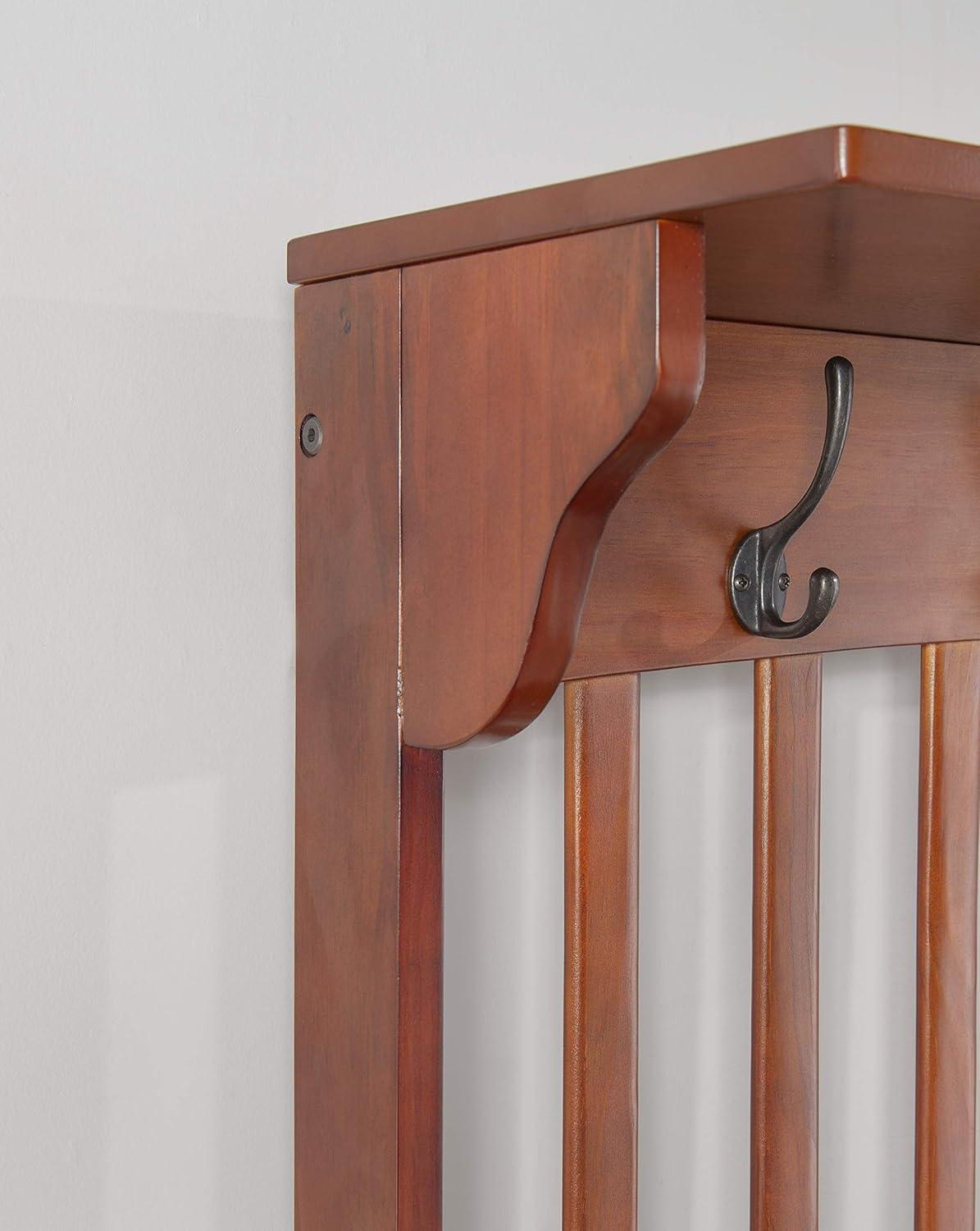 Misson Traditional 4 Double Hooks Storage Bench Top Shelf Hall Tree Walnut Finish - Linon: Entryway Organizer, Flip-up Seat
