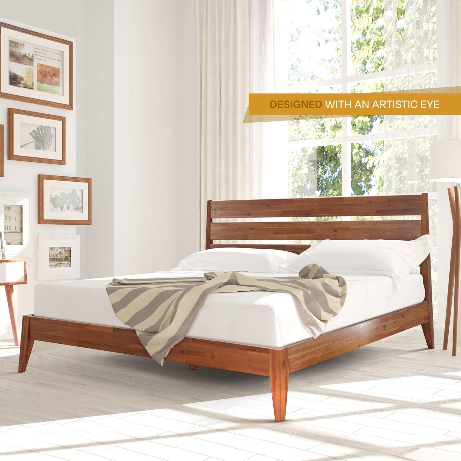 Acacia Premium Emery Solid Wood Platform Bed Frame with Headboard Included, No Box Spring Needed, Weight Capacity 800lb.