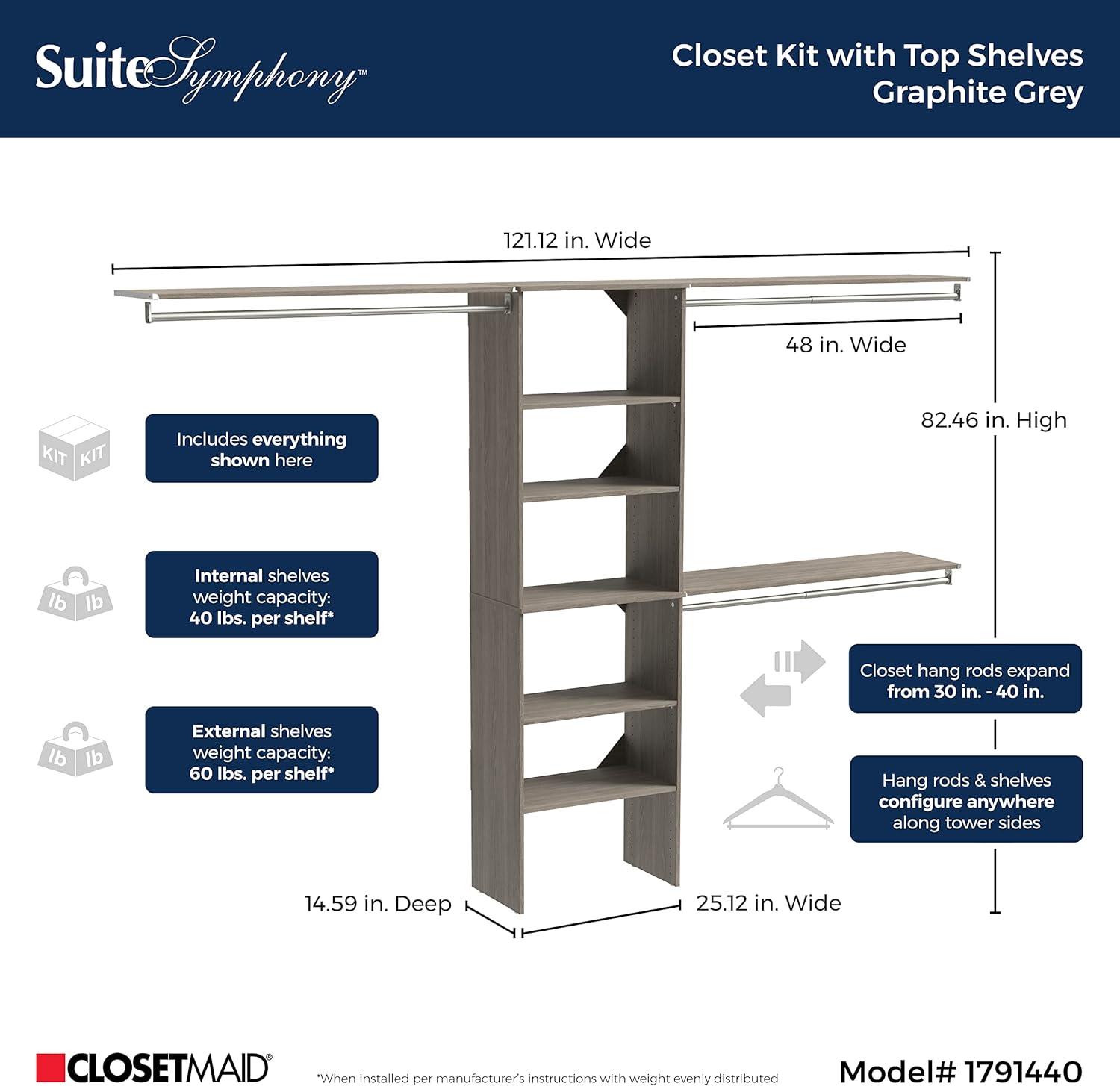 Closetmaid Ss25-Cos Suitesymphony 7 To 10 Foot Wide Closet System Organizer - Grey