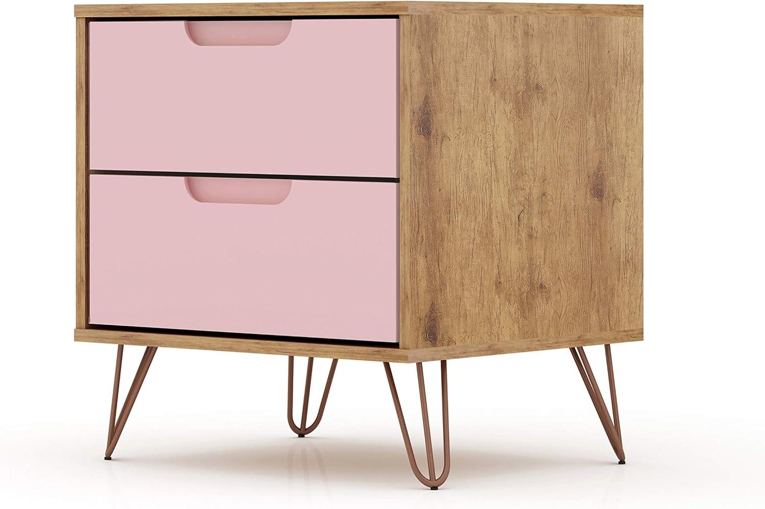 2.0 Rockefeller Nightstand Natural/Rose Pink - Manhattan Comfort: Modern MDF Bedside Storage with Metal Glides