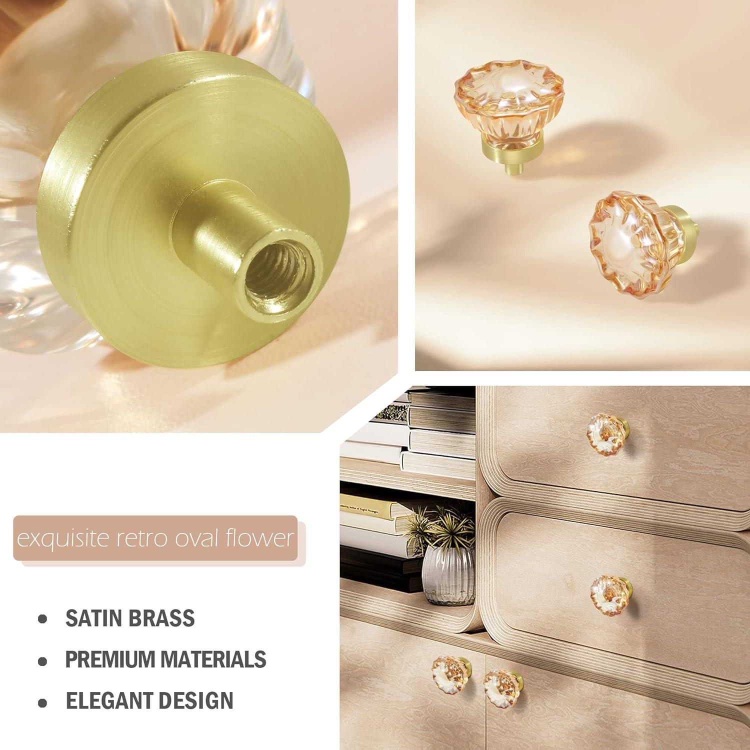 Champagne Crystal Cabinet Knobs and Pulls 8 Pack,Glass Knobs for Dresser Drawers with Satin Brass/Brushed Gold Base