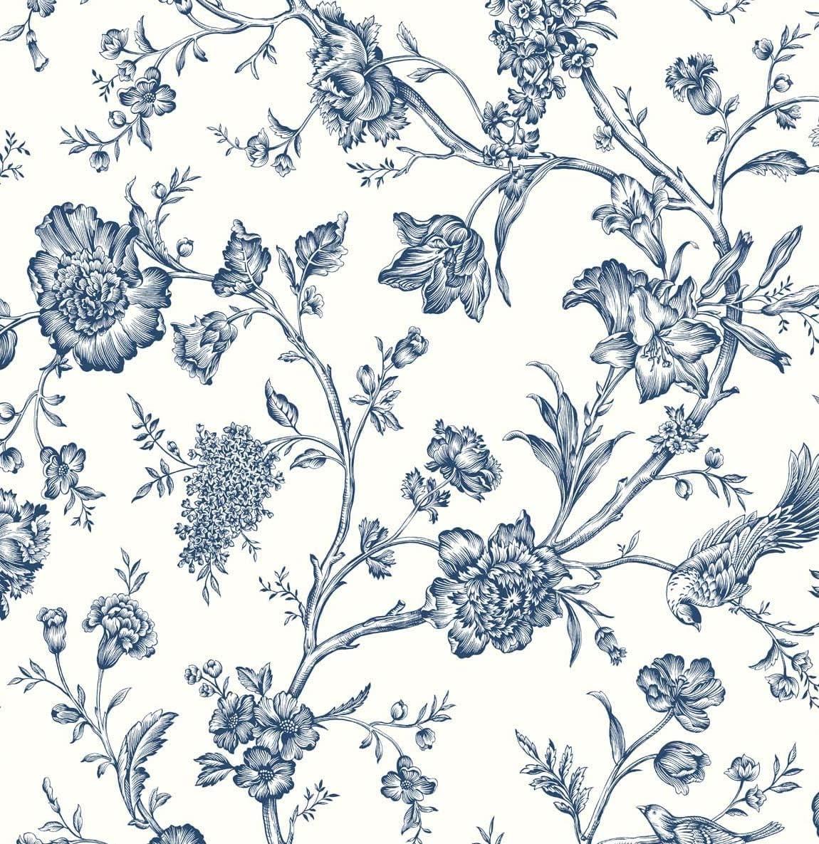 NextWall Navy Blue Jasmine Chinoiserie Peel and Stick Wallpaper