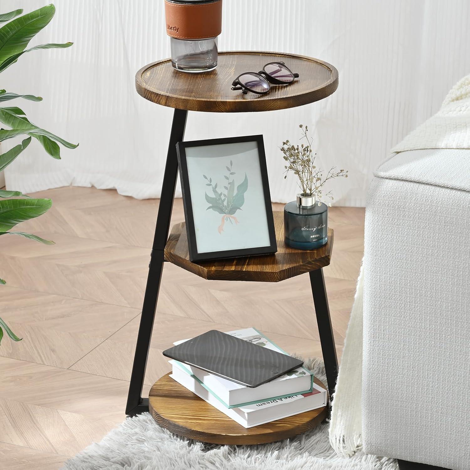 Small Rustic Brown Pine Wood and Black Metal 3-Tier Round Side Table