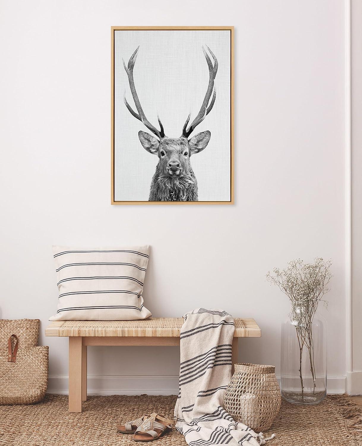 Black and White Deer Portrait Canvas Wall Art with Natural Frame