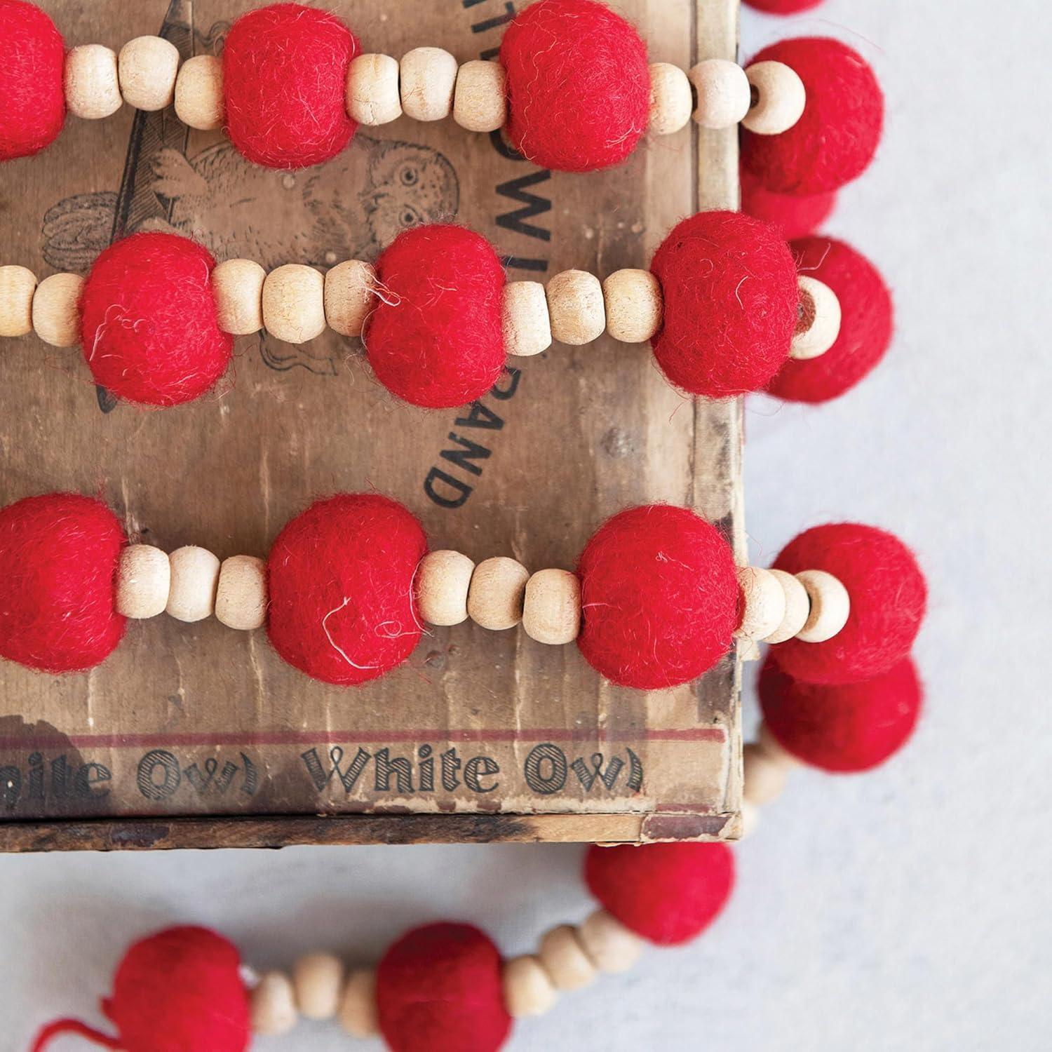 72" Red Wool Felt Ball and Wood Bead Garland